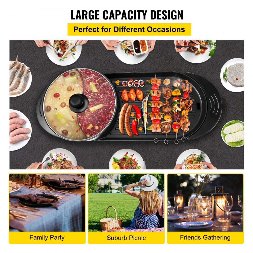 VEVOR 2 in 1 BBQ Pan Grill and Hot Pot with Divider Multifunctional Teppanyaki Grill Pot, Separate Dual Temperature Control Electric BBQ Stove Hot Pot, 5 Speed for Indoor Korean BBQ, Shabu Shabu Black 