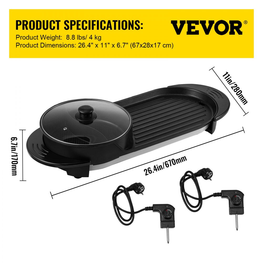 VEVOR 2 in 1 BBQ Pan Grill and Hot Pot with Divider Multifunctional Teppanyaki Grill Pot, Separate Dual Temperature Control Electric BBQ Stove Hot Pot, 5 Speed for Indoor Korean BBQ, Shabu Shabu Black 