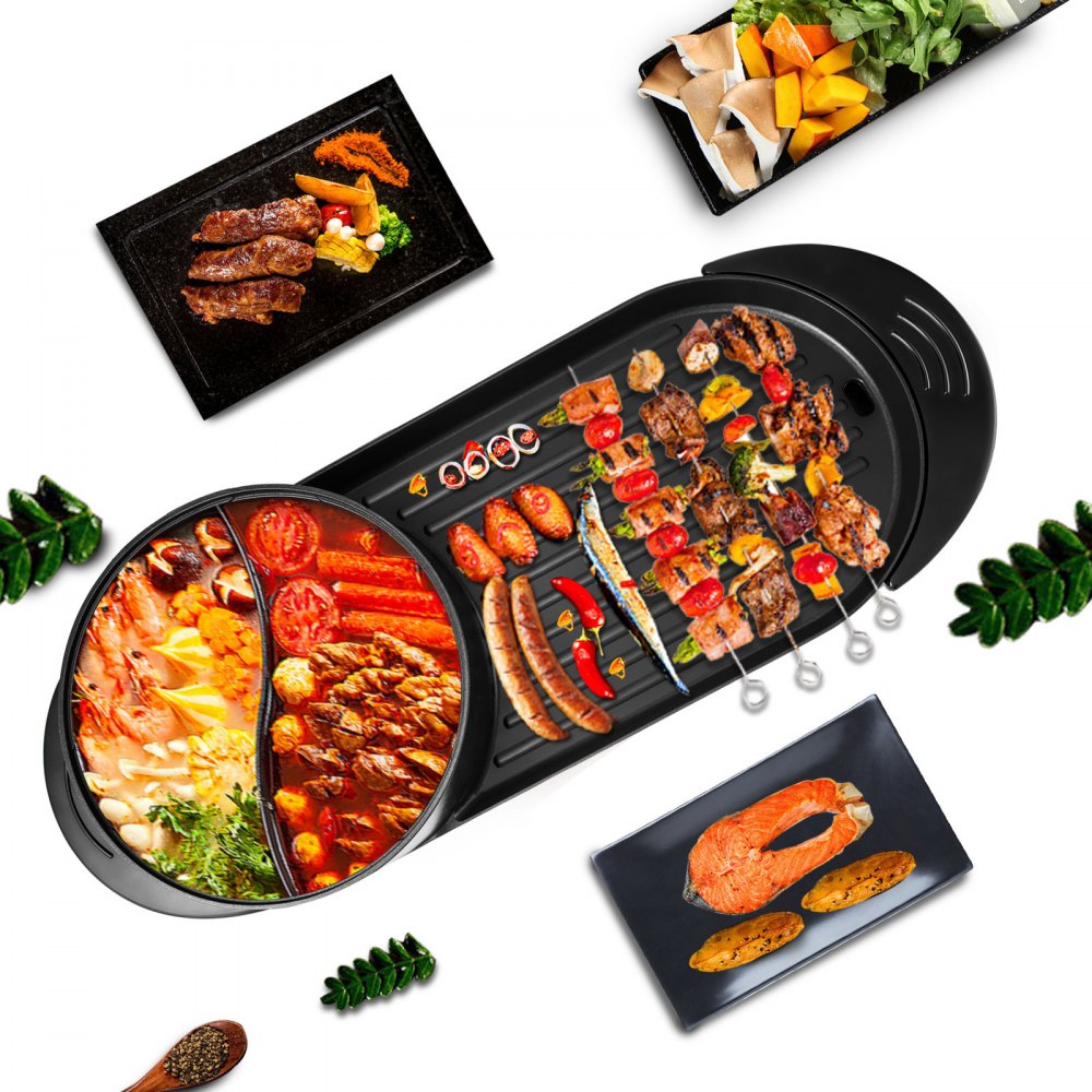 VEVOR 2 in 1 BBQ Pan Grill and Hot Pot with Divider Multifunctional Teppanyaki Grill Pot, Separate Dual Temperature Control Electric BBQ Stove Hot Pot, 5 Speed for Indoor Korean BBQ, Shabu Shabu Black 