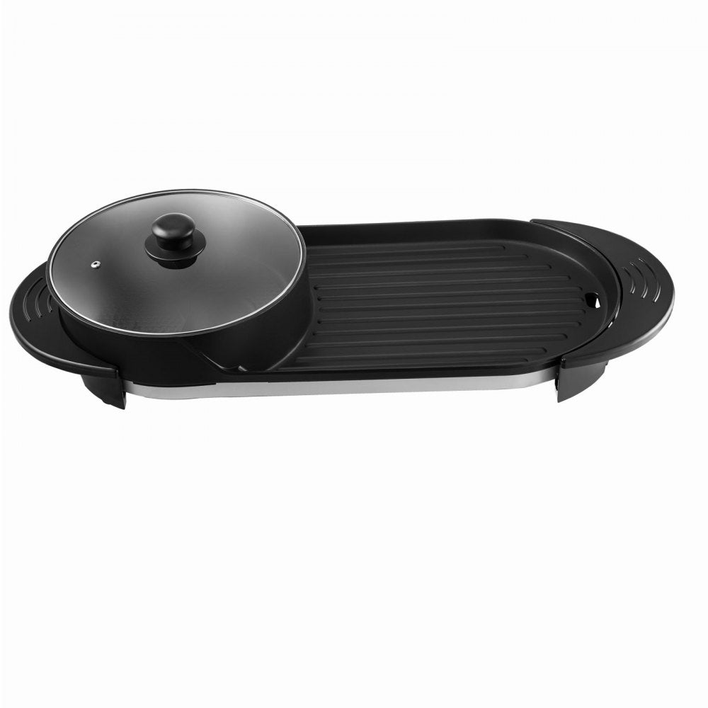 VEVOR 2 in 1 BBQ Pan Grill and Hot Pot with Divider Multifunctional Teppanyaki Grill Pot, Separate Dual Temperature Control Electric BBQ Stove Hot Pot, 5 Speed for Indoor Korean BBQ, Shabu Shabu Black 
