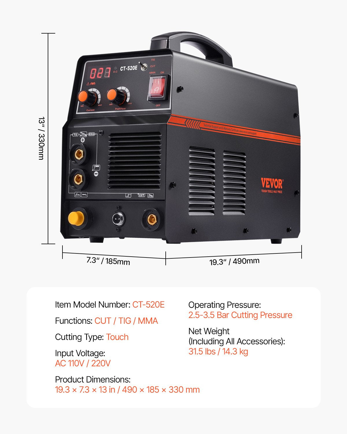 VEVOR 3 in 1 Plasma Cutter Welder Machine CT-520E TIG/MMA Plasma Cutter Combo 