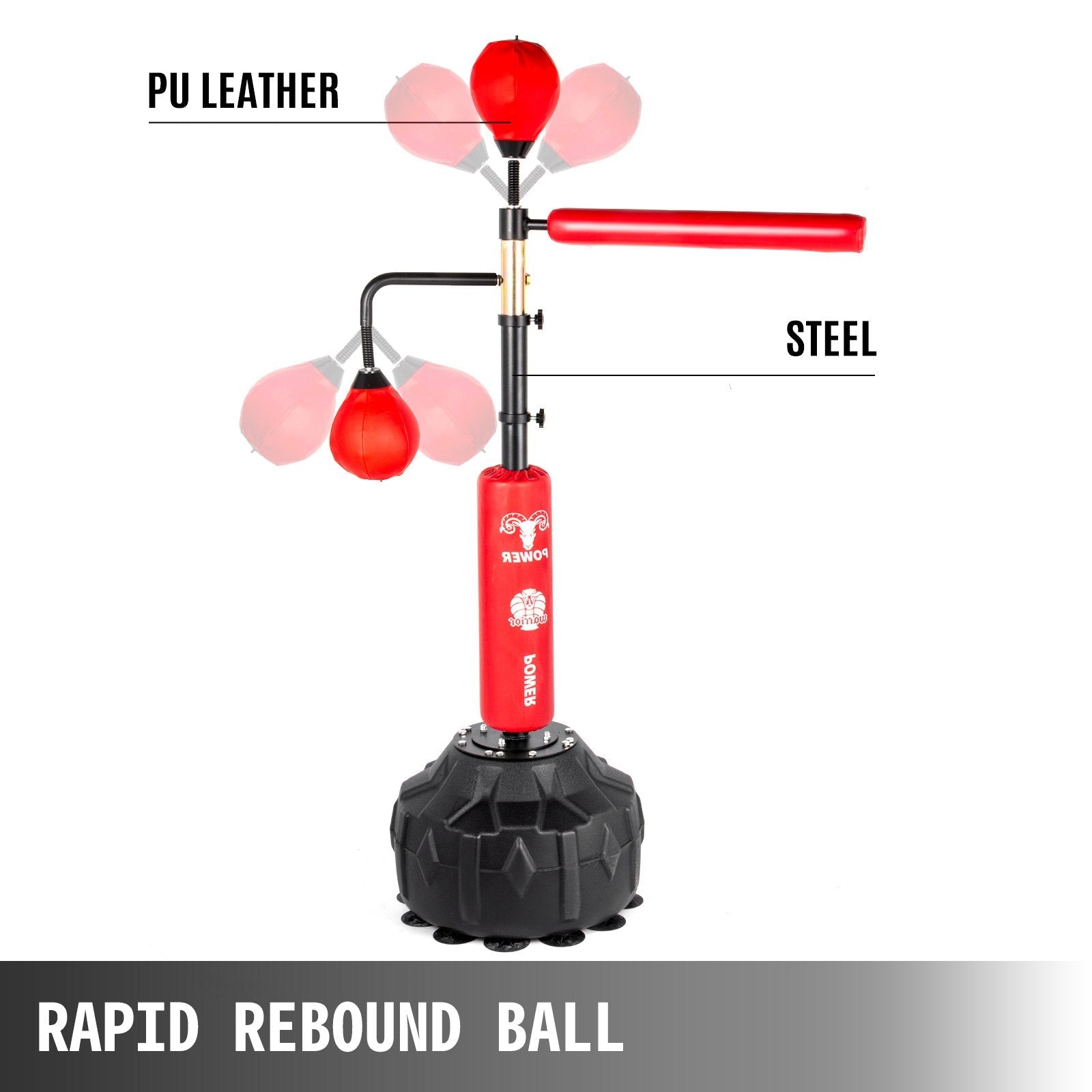 VEVOR Boxing Speed Trainer, Punching Bag Spinning Bar, Training Boxing Ball with Reflex Bar & Gloves, Solid Speed Punching Bag Free Standing, Adjustable Height, for Adult&Kid, Red with Two Ball 