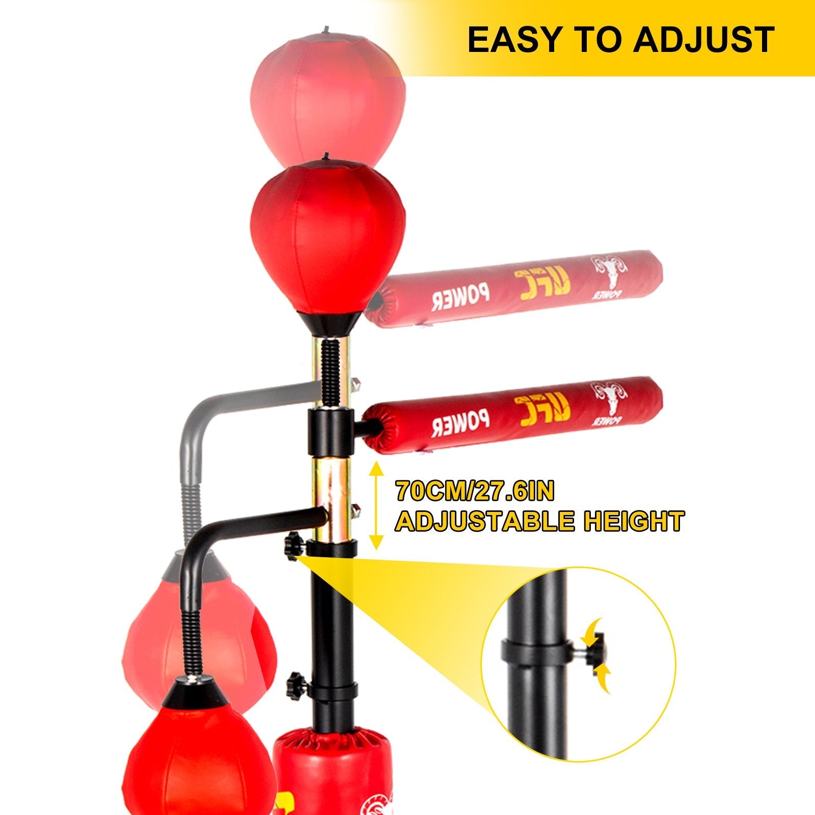 VEVOR Boxing Speed Trainer, Punching Bag Spinning Bar, Training Boxing Ball with Reflex Bar & Gloves, Solid Speed Punching Bag Free Standing, Adjustable Height, for Adult&Kid, Red with Two Ball 