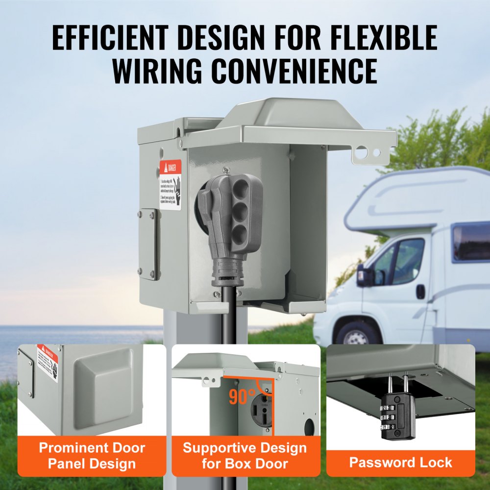 VEVOR 50 Amp RV Power Outlet Box, 125/250 Volt, Enclosed Lockable Outdoor RV Receptacle Box, NEMA 14-50R Weatherproof Electrical Panel, for RV Camper Trailer Motorhome Tested to UL Standards 