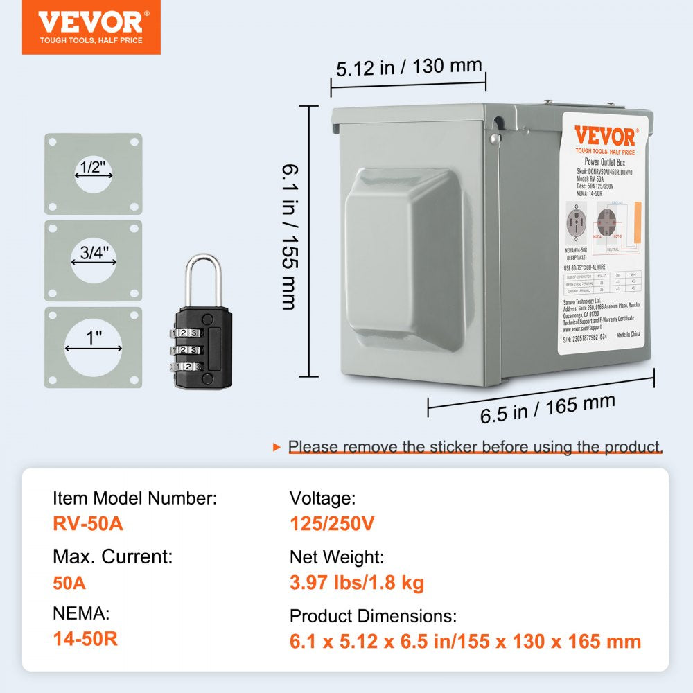 VEVOR 50 Amp RV Power Outlet Box, 125/250 Volt, Enclosed Lockable Outdoor RV Receptacle Box, NEMA 14-50R Weatherproof Electrical Panel, for RV Camper Trailer Motorhome Tested to UL Standards 