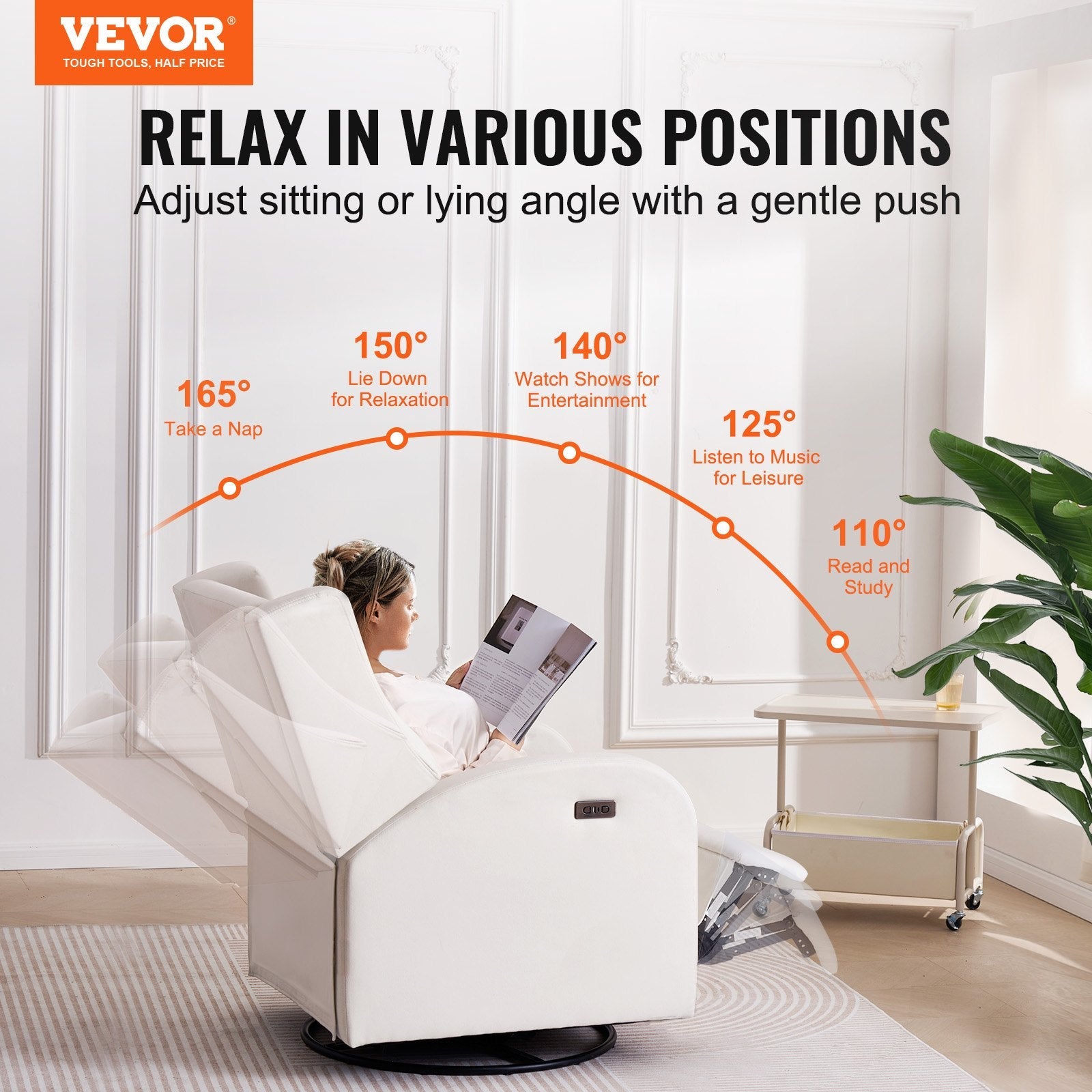 VEVOR Electronic Power Recliner and Swivel Glider, 250 lbs Weight Capacity Swivel Glider Recliner Chair with Adjustable Angle, Polyester Surface Recliner Rocker for Living Room, Bedroom, Off White 
