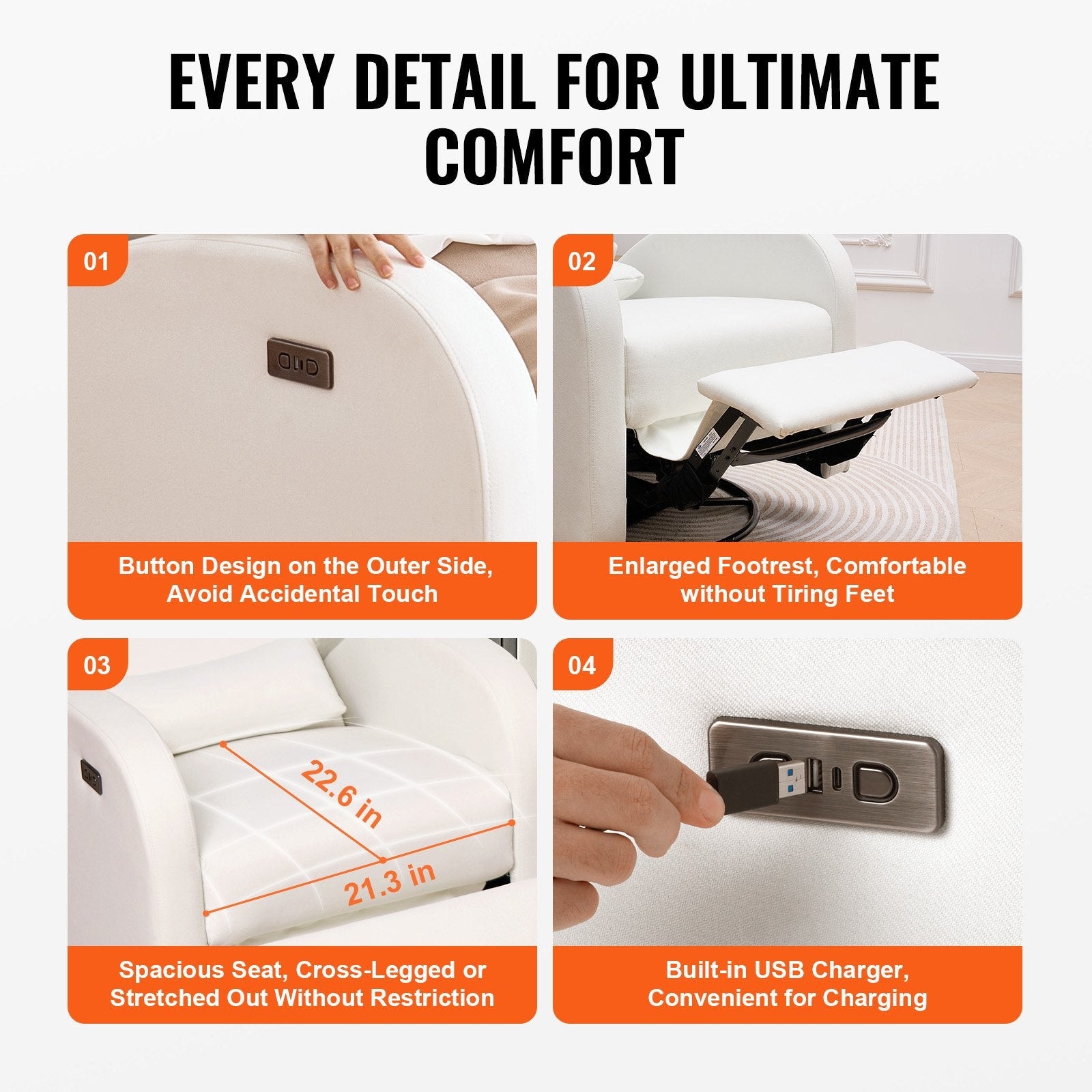 VEVOR Electronic Power Recliner and Swivel Glider, 250 lbs Weight Capacity Swivel Glider Recliner Chair with Adjustable Angle, Polyester Surface Recliner Rocker for Living Room, Bedroom, Off White 