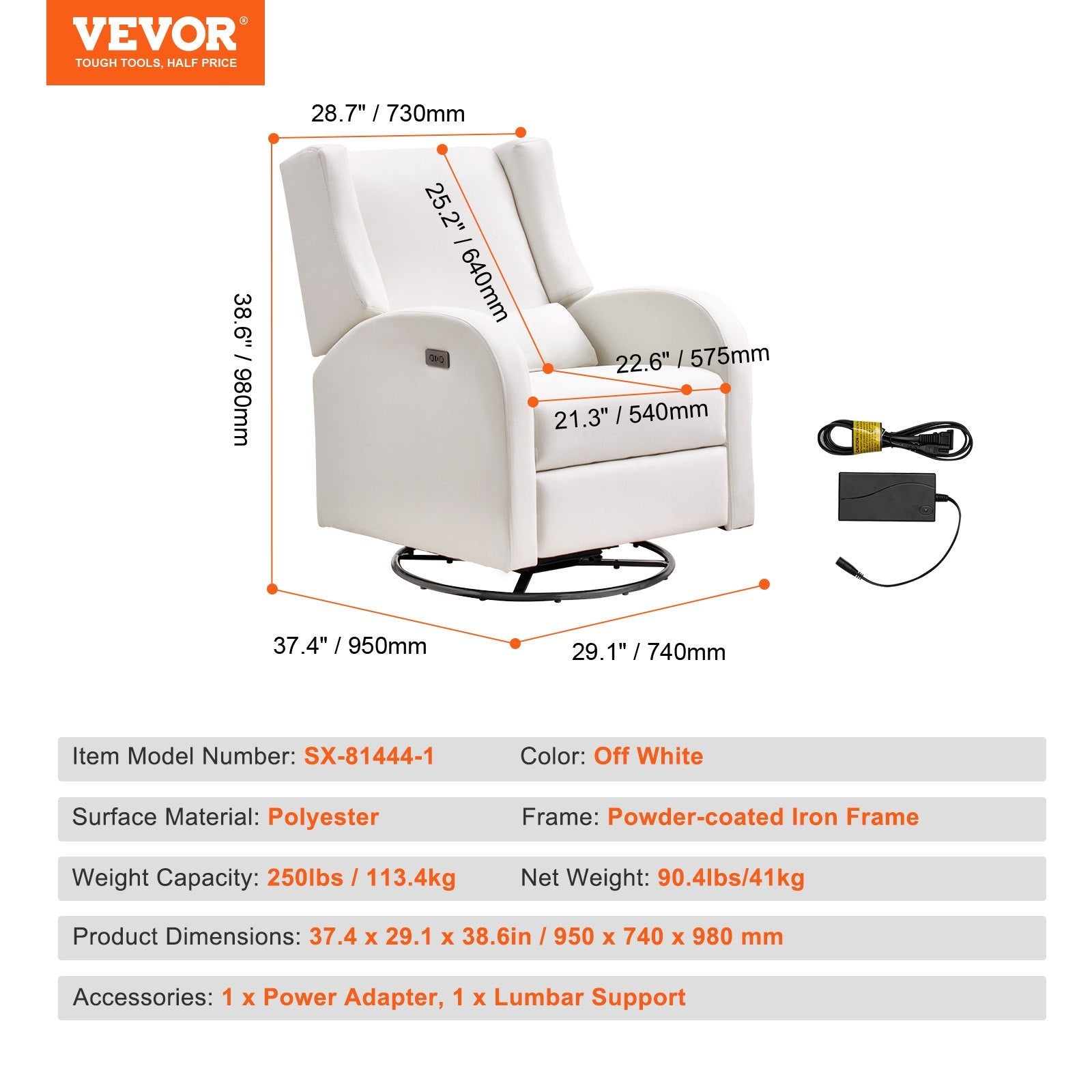 VEVOR Electronic Power Recliner and Swivel Glider, 250 lbs Weight Capacity Swivel Glider Recliner Chair with Adjustable Angle, Polyester Surface Recliner Rocker for Living Room, Bedroom, Off White 