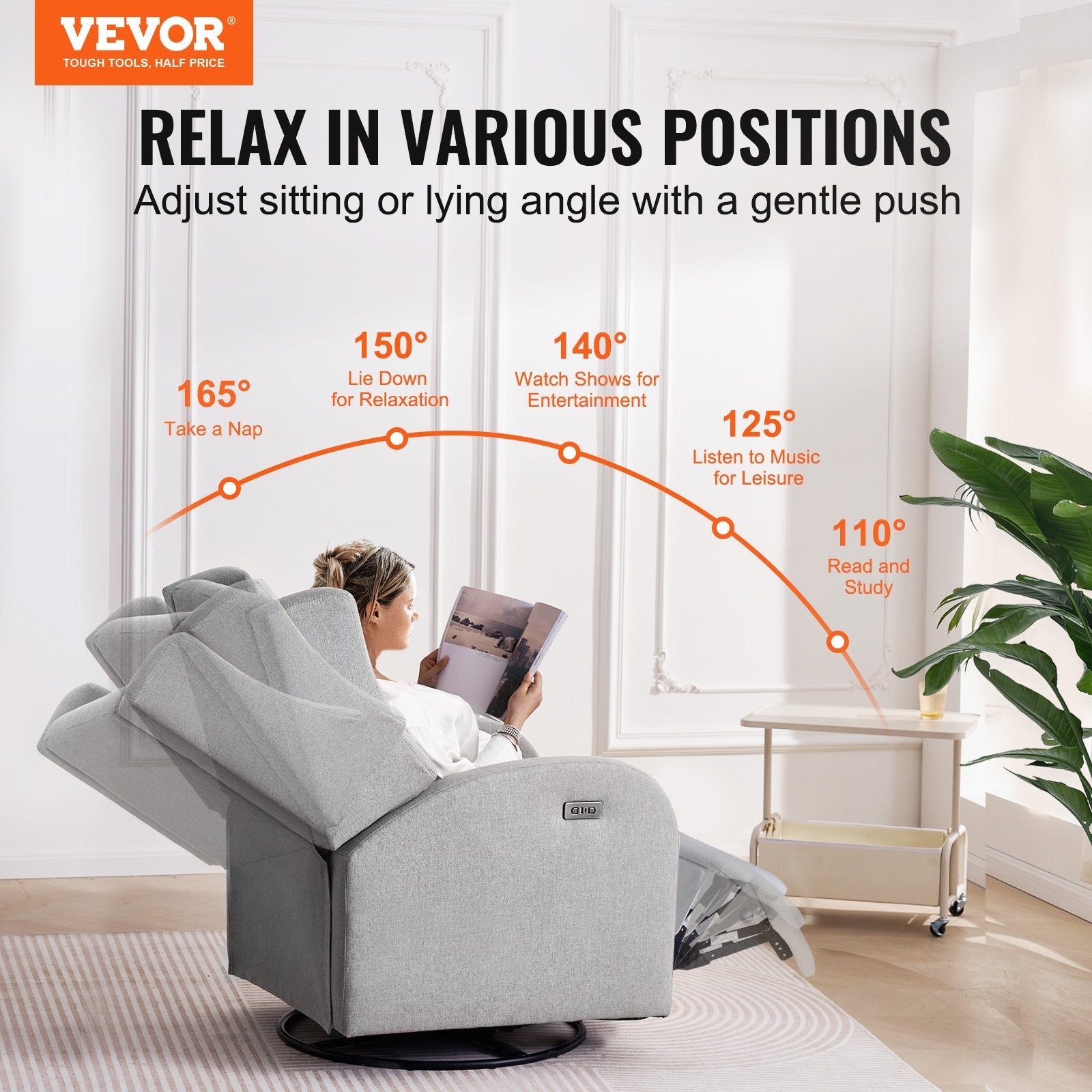 VEVOR Electronic Power Recliner and Swivel Glider, 250 lbs Weight Capacity Swivel Glider Recliner Chair with Adjustable Angle, Polyester Surface Recliner Rocker for Living Room, Bedroom, Light Gray 