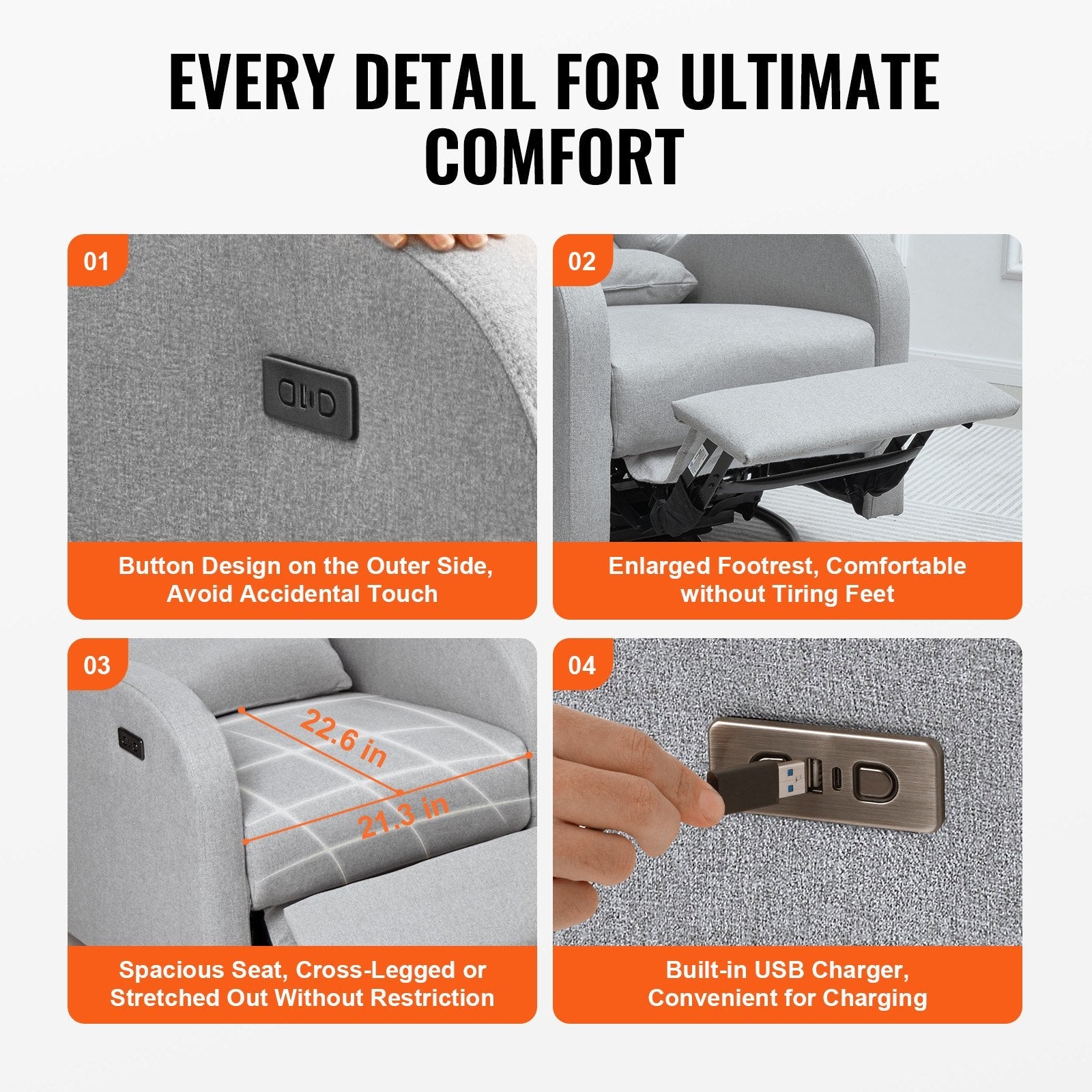 VEVOR Electronic Power Recliner and Swivel Glider, 250 lbs Weight Capacity Swivel Glider Recliner Chair with Adjustable Angle, Polyester Surface Recliner Rocker for Living Room, Bedroom, Light Gray 