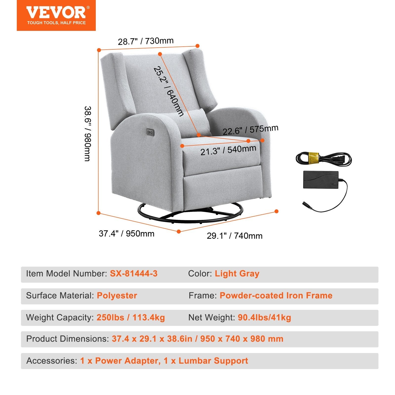 VEVOR Electronic Power Recliner and Swivel Glider, 250 lbs Weight Capacity Swivel Glider Recliner Chair with Adjustable Angle, Polyester Surface Recliner Rocker for Living Room, Bedroom, Light Gray 