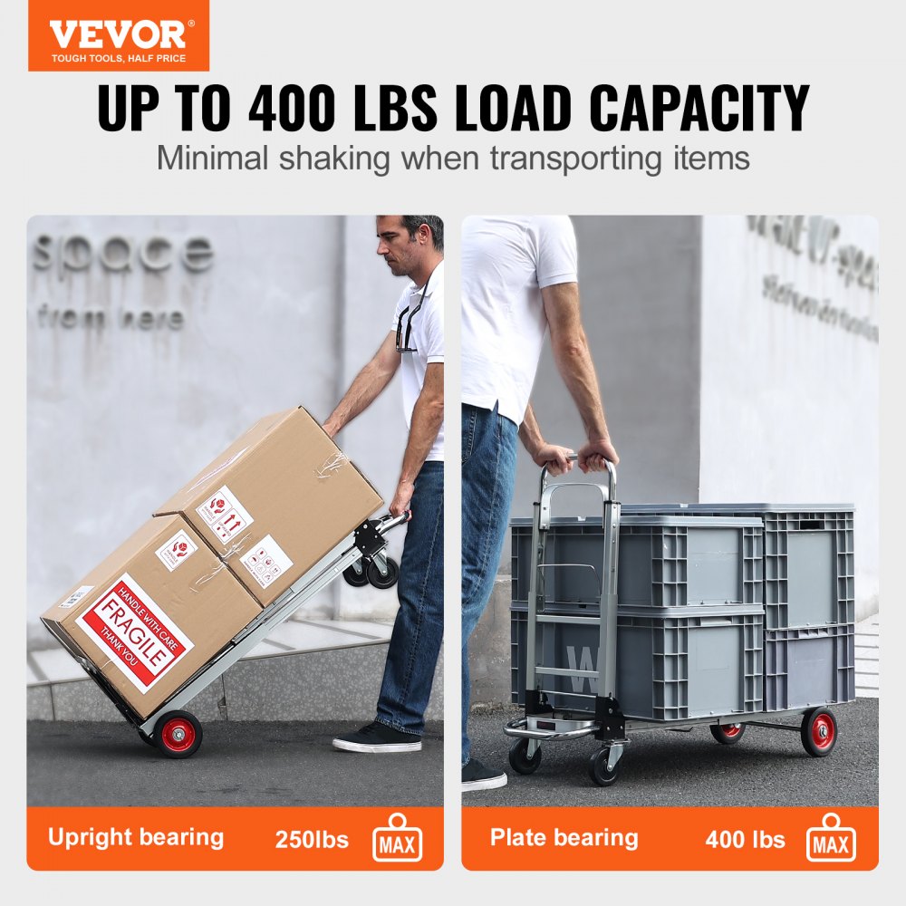 VEVOR Aluminum Hand Truck, 2 in 1, 400 lbs Load Capacity, Heavy Duty Industrial Convertible Folding Hand Truck and Dolly, Utility Cart Converts from Hand Truck to Platform Cart with Rubber Wheels 
