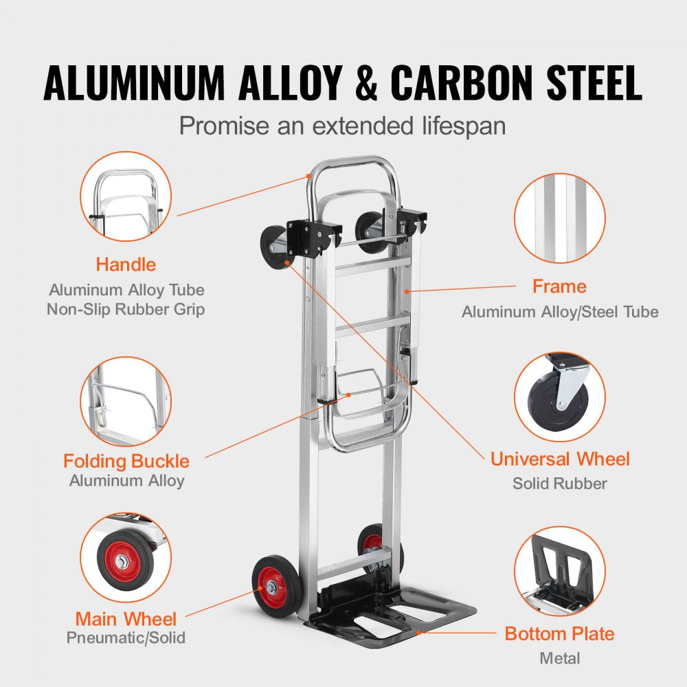 VEVOR Aluminum Hand Truck, 2 in 1, 400 lbs Load Capacity, Heavy Duty Industrial Convertible Folding Hand Truck and Dolly, Utility Cart Converts from Hand Truck to Platform Cart with Rubber Wheels 
