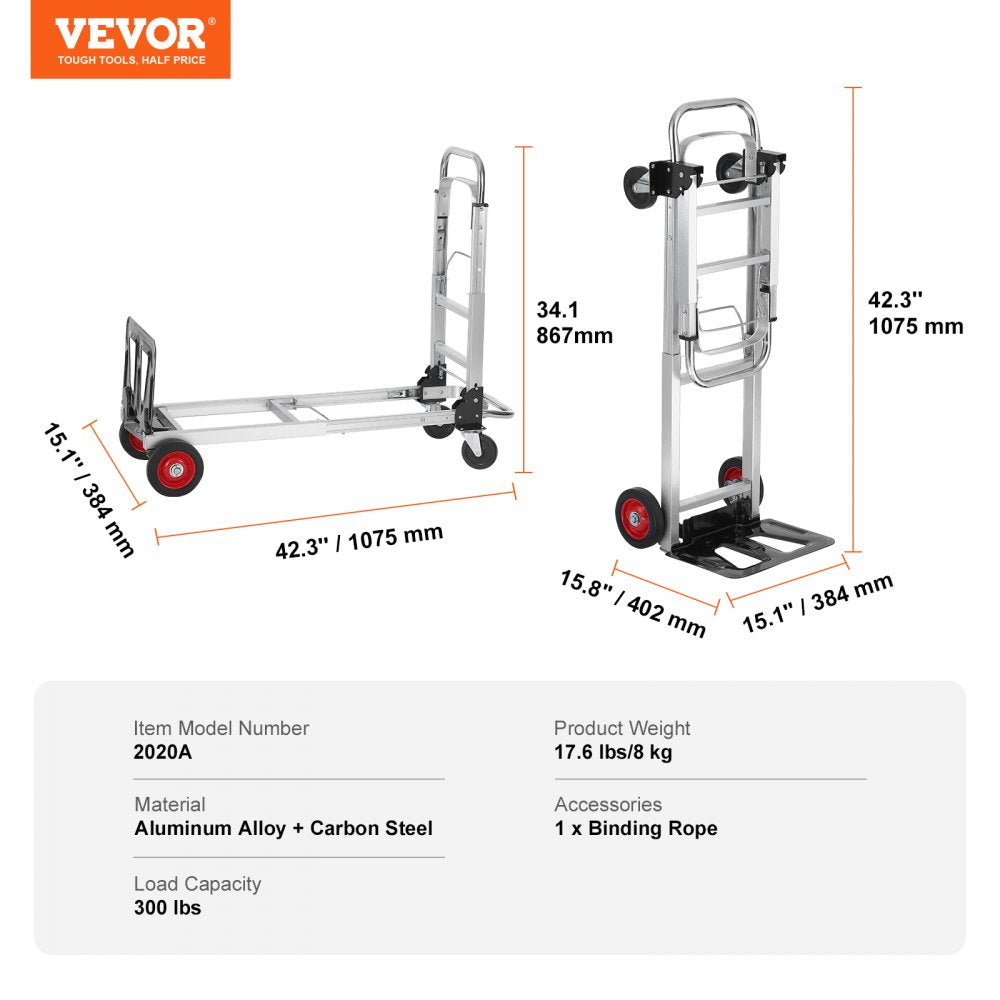 VEVOR Aluminum Hand Truck, 2 in 1, 400 lbs Load Capacity, Heavy Duty Industrial Convertible Folding Hand Truck and Dolly, Utility Cart Converts from Hand Truck to Platform Cart with Rubber Wheels 