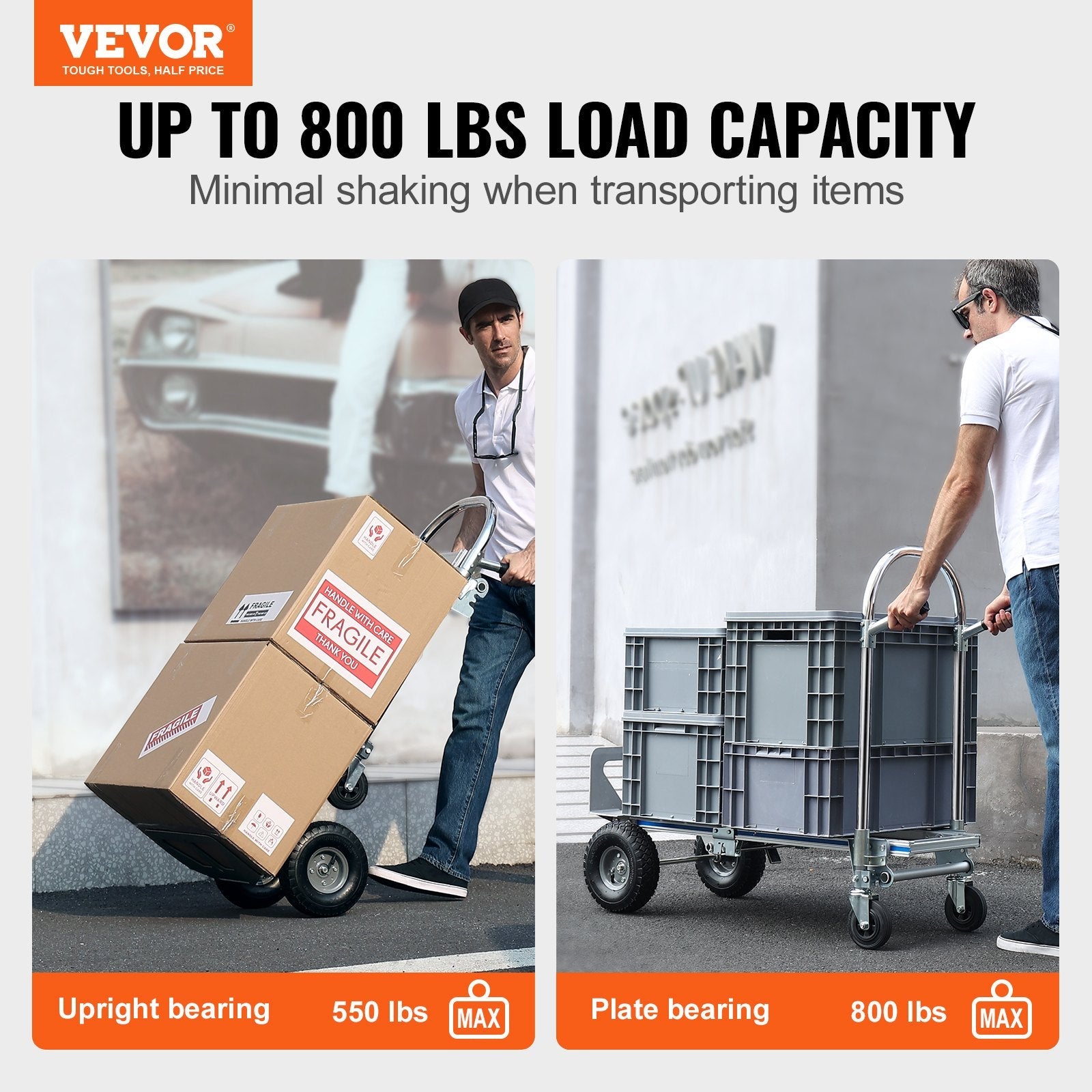 VEVOR Aluminum Hand Truck, 2 in 1, 800 lbs Load Capacity, Heavy Duty Industrial Convertible Folding Hand Truck and Dolly, Utility Cart Converts from Hand Truck to Platform Cart with Rubber Wheels 