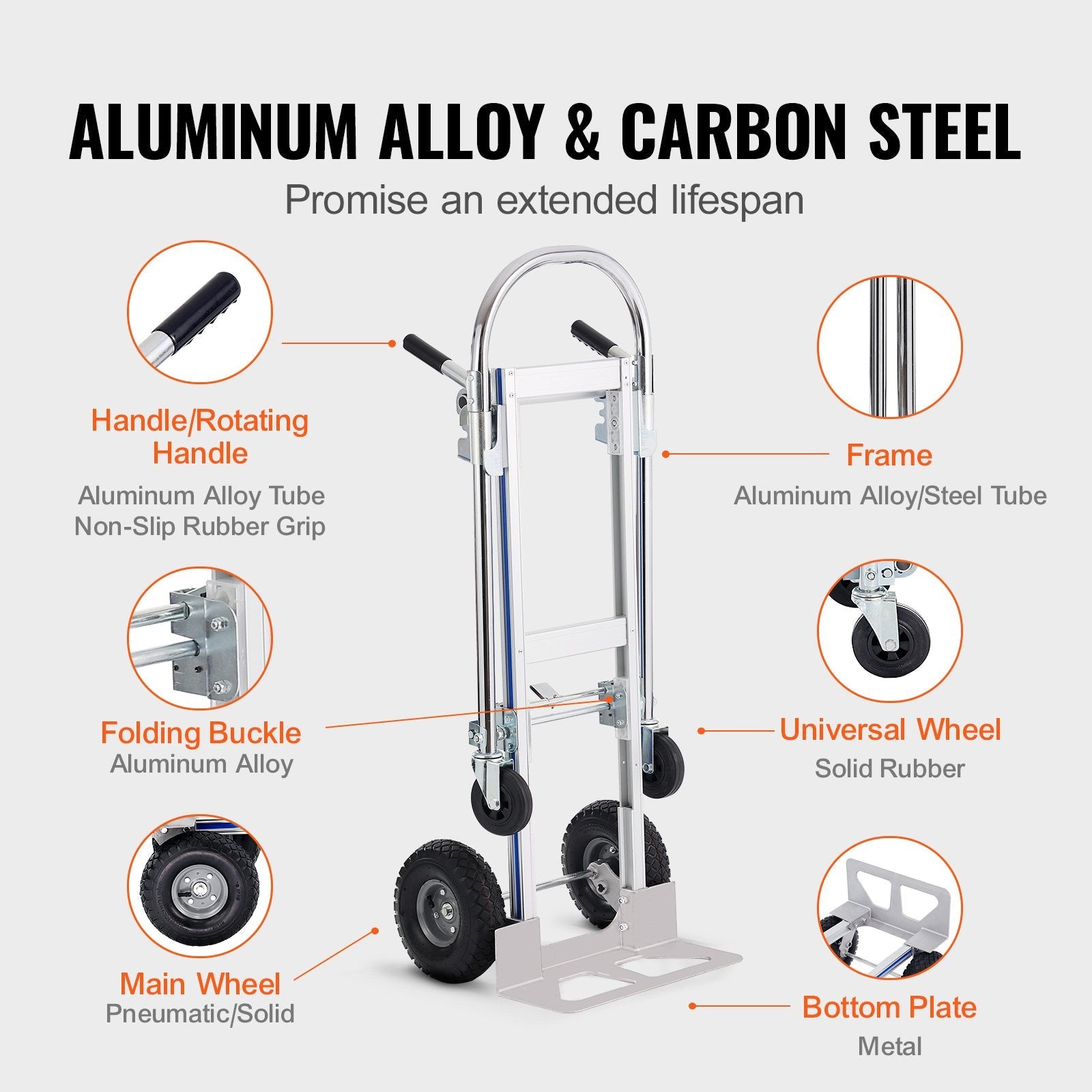 VEVOR Aluminum Hand Truck, 2 in 1, 800 lbs Load Capacity, Heavy Duty Industrial Convertible Folding Hand Truck and Dolly, Utility Cart Converts from Hand Truck to Platform Cart with Rubber Wheels 