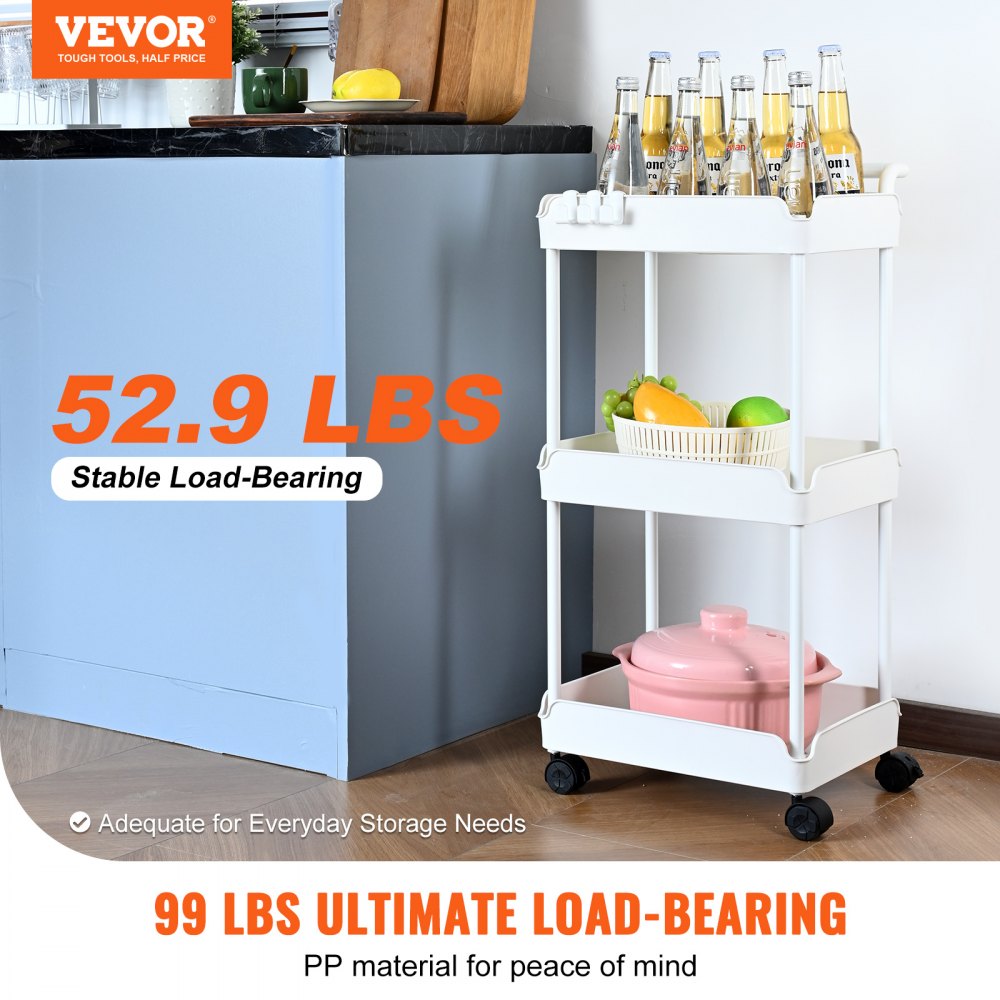 VEVOR 3-Tier Rolling Utility Cart, Kitchen Cart with Lockable Wheels, Multi-Functional Storage Trolley with Handle for Office, Living Room, Kitchen, Movable Storage Basket Organizer Shelves, White 