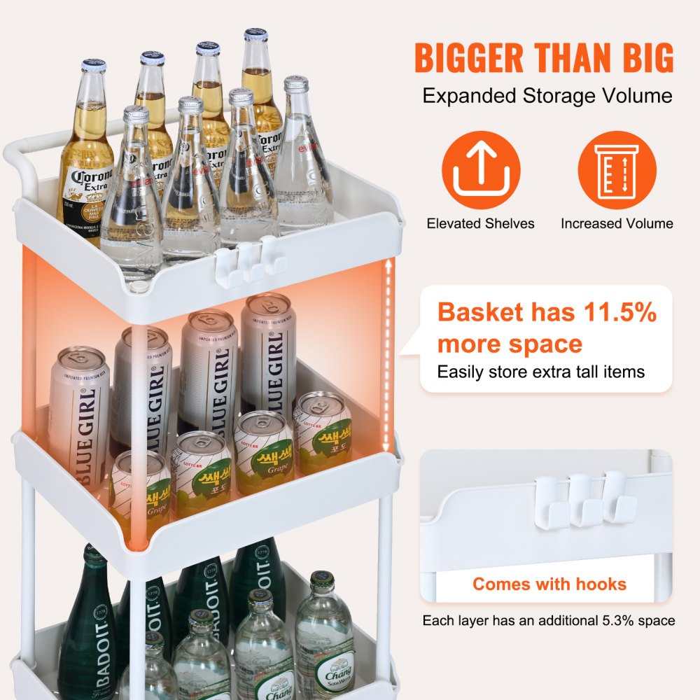 VEVOR 3-Tier Rolling Utility Cart, Kitchen Cart with Lockable Wheels, Multi-Functional Storage Trolley with Handle for Office, Living Room, Kitchen, Movable Storage Basket Organizer Shelves, White 