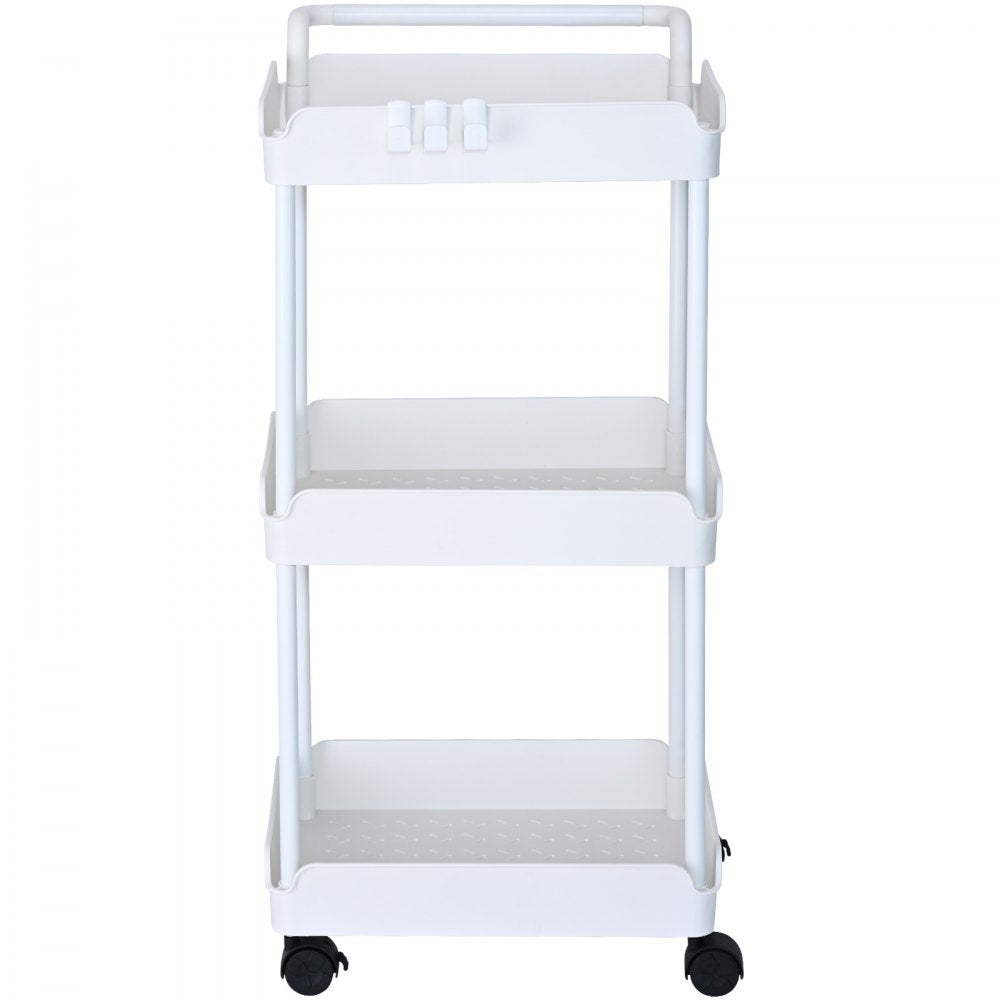 VEVOR 3-Tier Rolling Utility Cart, Kitchen Cart with Lockable Wheels, Multi-Functional Storage Trolley with Handle for Office, Living Room, Kitchen, Movable Storage Basket Organizer Shelves, White 