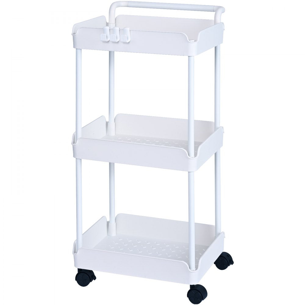 VEVOR 3-Tier Rolling Utility Cart, Kitchen Cart with Lockable Wheels, Multi-Functional Storage Trolley with Handle for Office, Living Room, Kitchen, Movable Storage Basket Organizer Shelves, White 