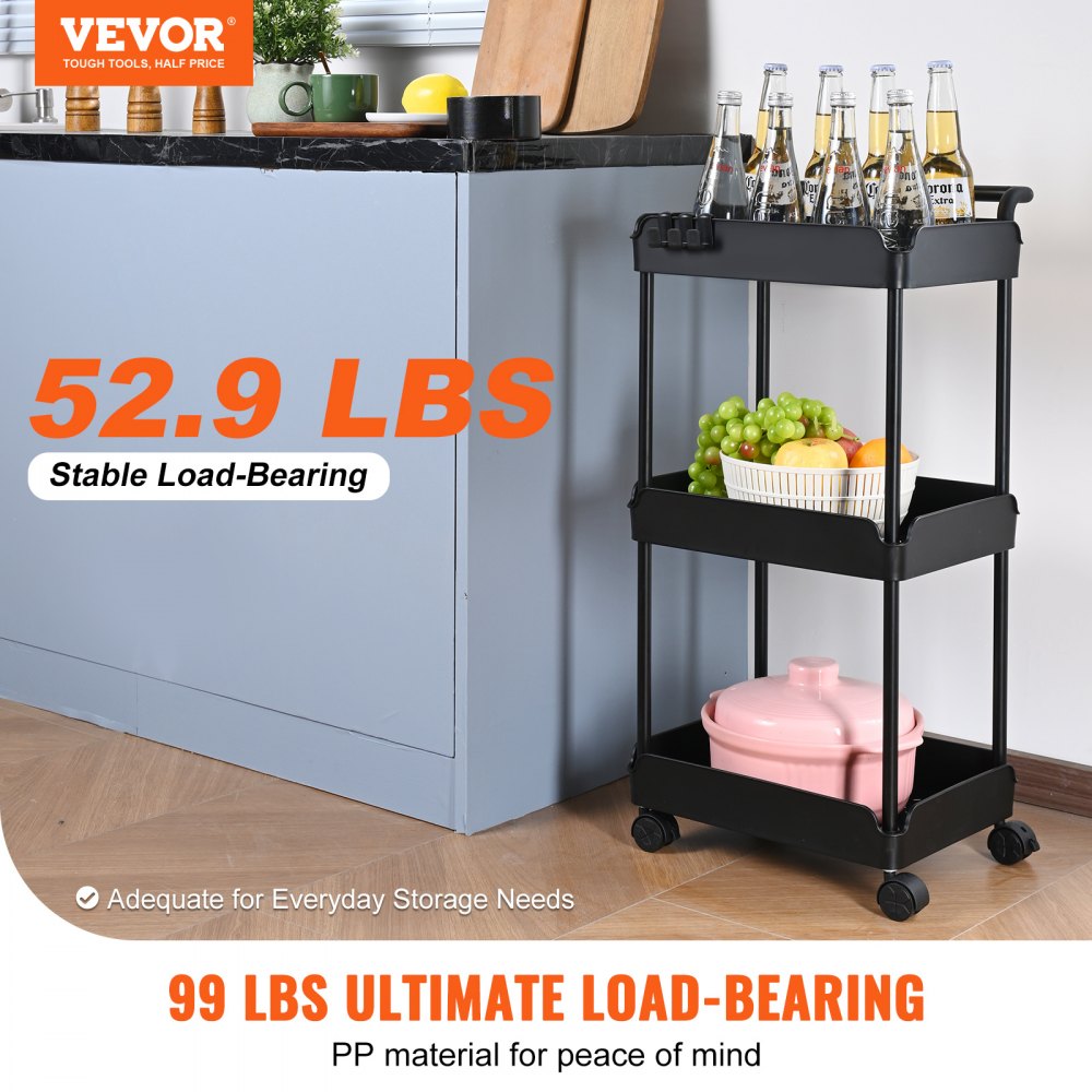 VEVOR 3-Tier Rolling Utility Cart, Kitchen Cart with Lockable Wheels, Multi-Functional Storage Trolley with Handle for Office, Living Room, Kitchen, Movable Storage Basket Organizer Shelves, Black 