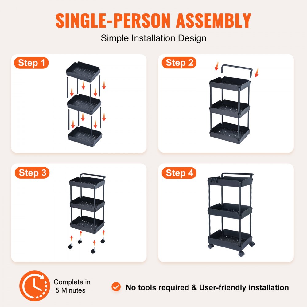 VEVOR 3-Tier Rolling Utility Cart, Kitchen Cart with Lockable Wheels, Multi-Functional Storage Trolley with Handle for Office, Living Room, Kitchen, Movable Storage Basket Organizer Shelves, Black 
