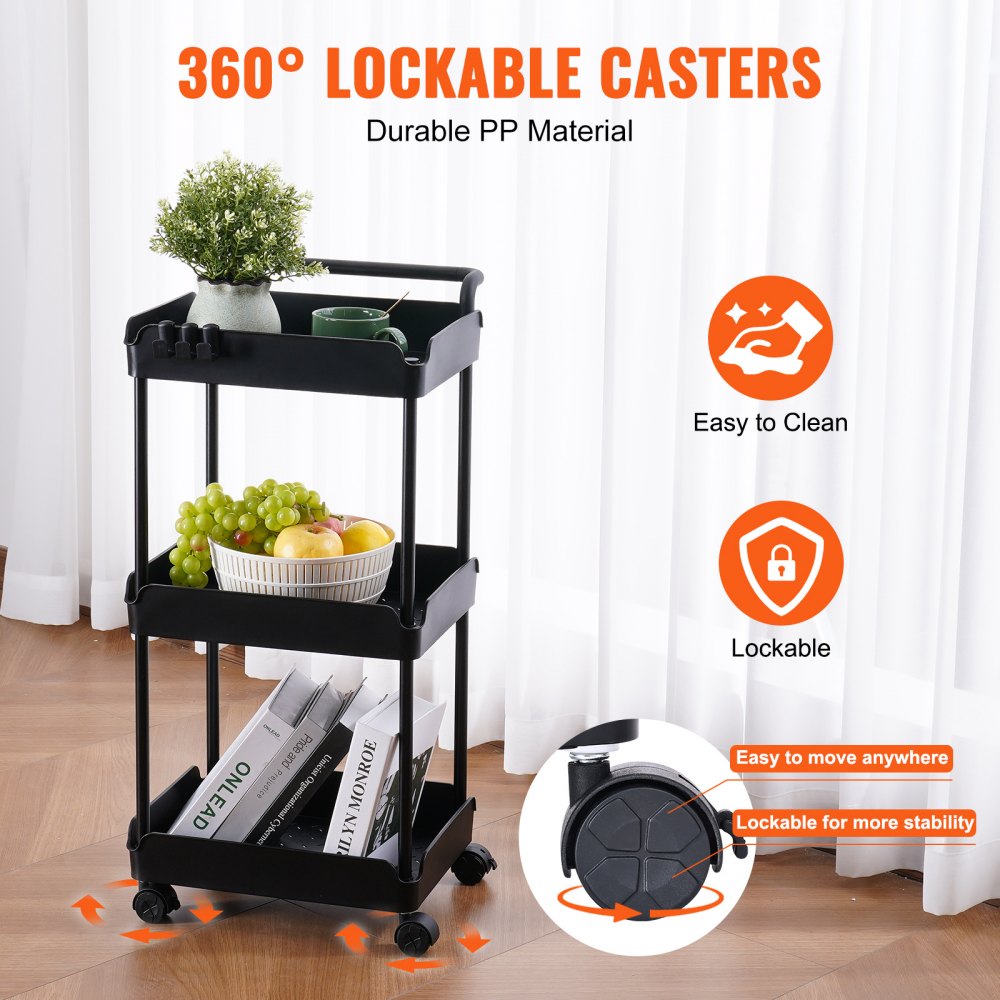VEVOR 3-Tier Rolling Utility Cart, Kitchen Cart with Lockable Wheels, Multi-Functional Storage Trolley with Handle for Office, Living Room, Kitchen, Movable Storage Basket Organizer Shelves, Black 