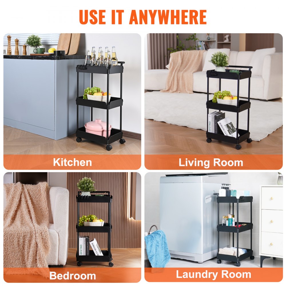 VEVOR 3-Tier Rolling Utility Cart, Kitchen Cart with Lockable Wheels, Multi-Functional Storage Trolley with Handle for Office, Living Room, Kitchen, Movable Storage Basket Organizer Shelves, Black 