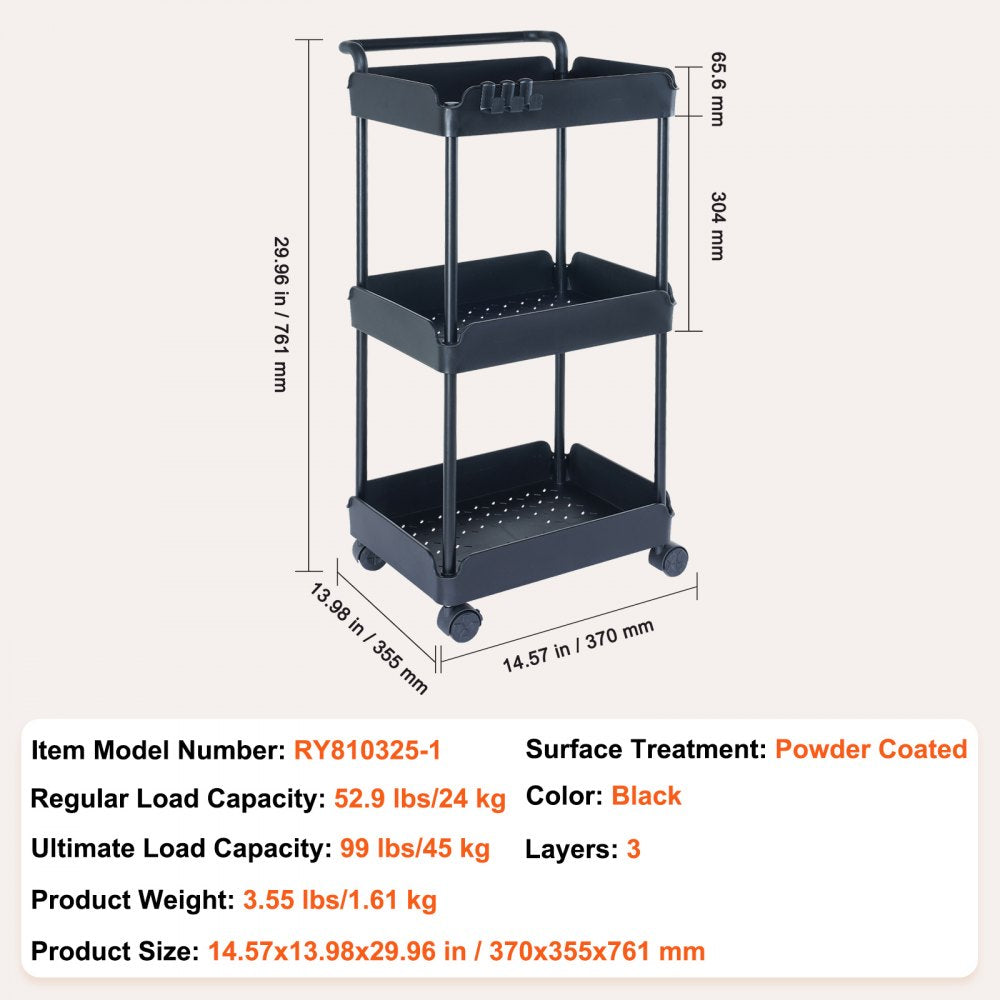 VEVOR 3-Tier Rolling Utility Cart, Kitchen Cart with Lockable Wheels, Multi-Functional Storage Trolley with Handle for Office, Living Room, Kitchen, Movable Storage Basket Organizer Shelves, Black 