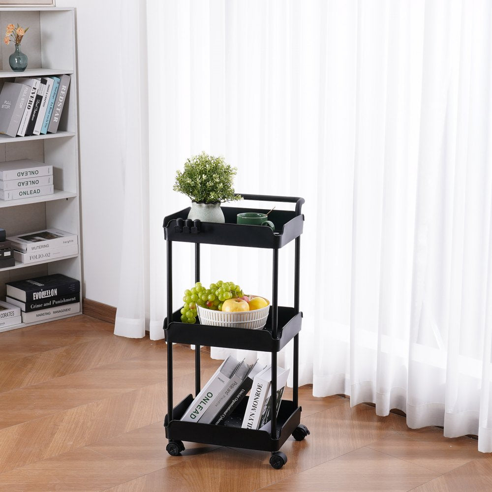 VEVOR 3-Tier Rolling Utility Cart, Kitchen Cart with Lockable Wheels, Multi-Functional Storage Trolley with Handle for Office, Living Room, Kitchen, Movable Storage Basket Organizer Shelves, Black 