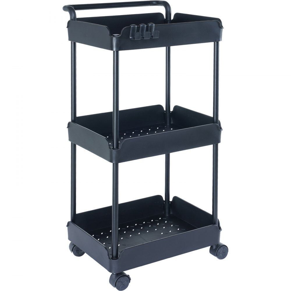 VEVOR 3-Tier Rolling Utility Cart, Kitchen Cart with Lockable Wheels, Multi-Functional Storage Trolley with Handle for Office, Living Room, Kitchen, Movable Storage Basket Organizer Shelves, Black 