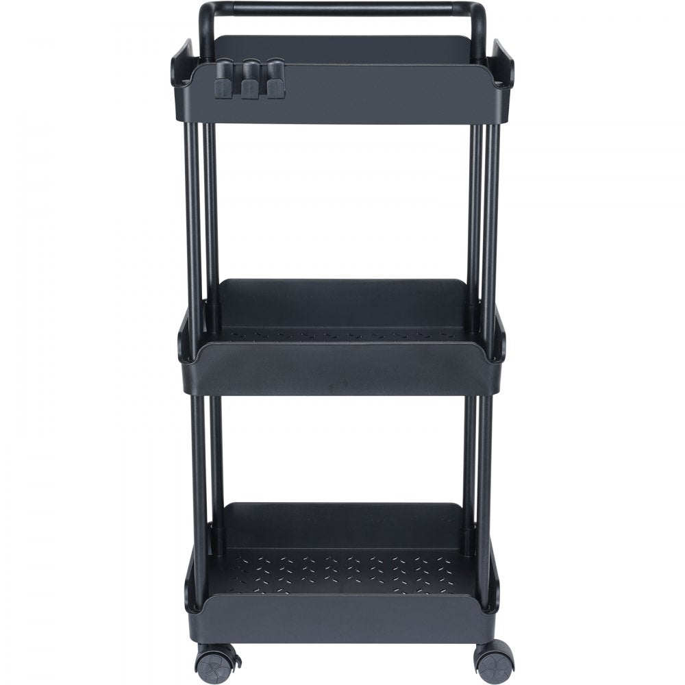 VEVOR 3-Tier Rolling Utility Cart, Kitchen Cart with Lockable Wheels, Multi-Functional Storage Trolley with Handle for Office, Living Room, Kitchen, Movable Storage Basket Organizer Shelves, Black 
