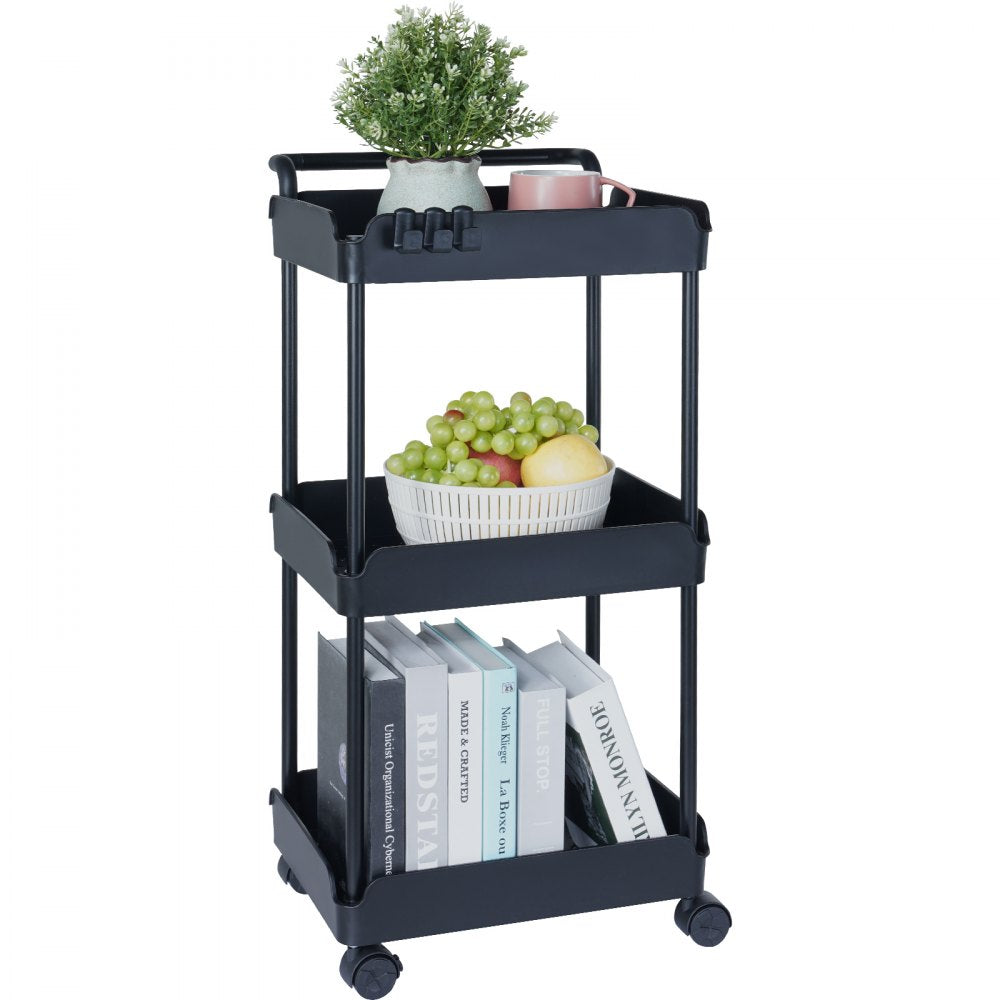 VEVOR 3-Tier Rolling Utility Cart, Kitchen Cart with Lockable Wheels, Multi-Functional Storage Trolley with Handle for Office, Living Room, Kitchen, Movable Storage Basket Organizer Shelves, Black 
