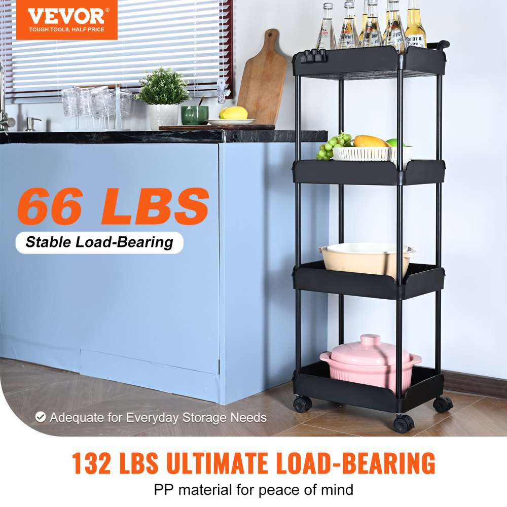VEVOR 4-Tier Rolling Utility Cart, Kitchen Cart with Lockable Wheels, Multi-Functional Storage Trolley with Handle for Office, Living Room, Kitchen, Movable Storage Basket Organizer Shelves, Black 