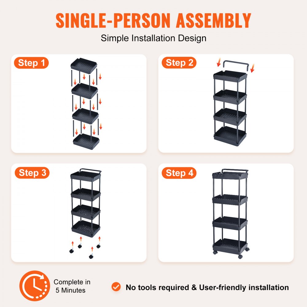VEVOR 4-Tier Rolling Utility Cart, Kitchen Cart with Lockable Wheels, Multi-Functional Storage Trolley with Handle for Office, Living Room, Kitchen, Movable Storage Basket Organizer Shelves, Black 