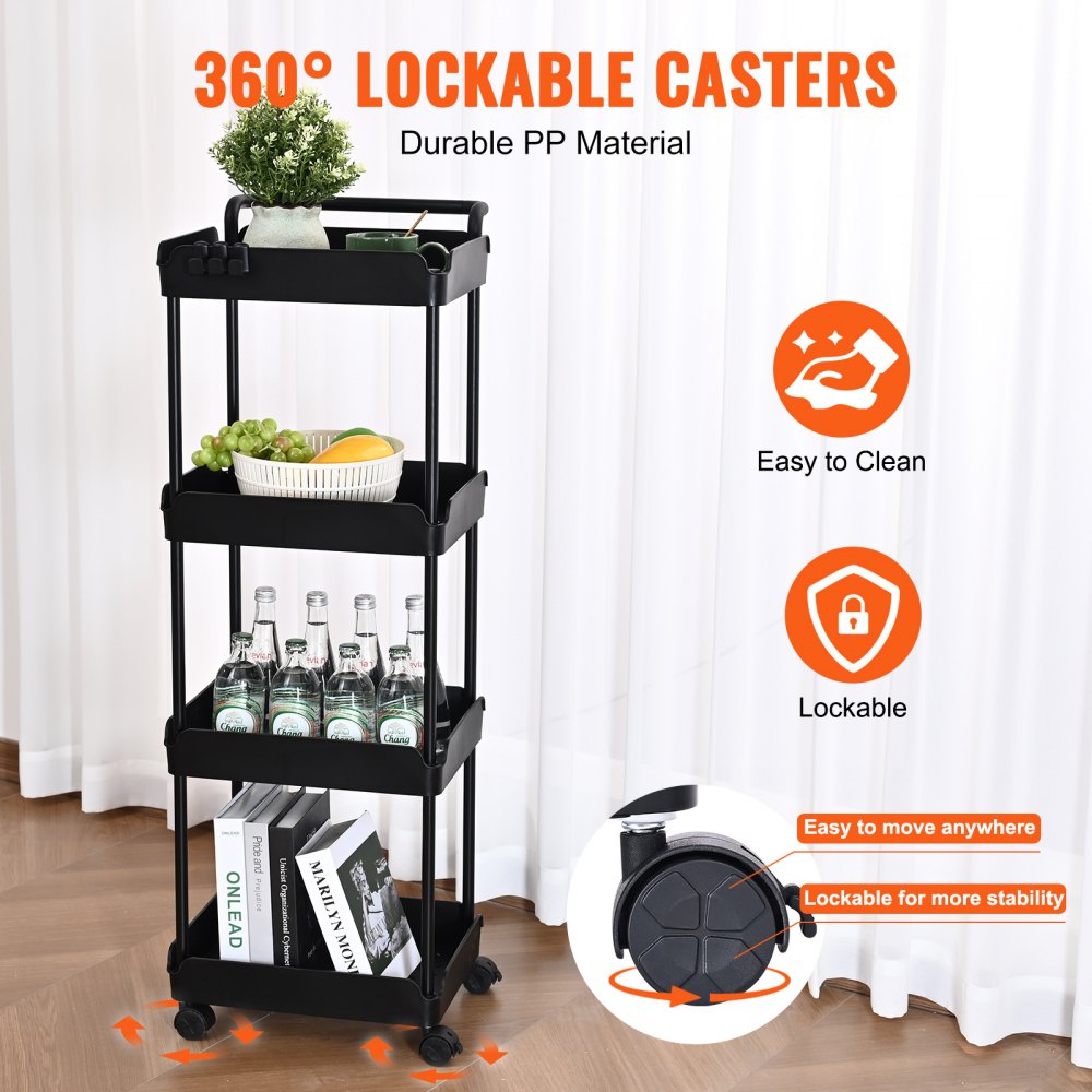 VEVOR 4-Tier Rolling Utility Cart, Kitchen Cart with Lockable Wheels, Multi-Functional Storage Trolley with Handle for Office, Living Room, Kitchen, Movable Storage Basket Organizer Shelves, Black 
