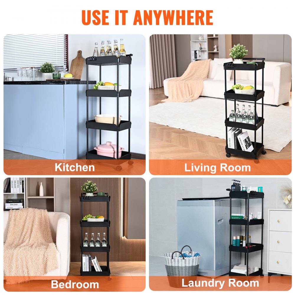VEVOR 4-Tier Rolling Utility Cart, Kitchen Cart with Lockable Wheels, Multi-Functional Storage Trolley with Handle for Office, Living Room, Kitchen, Movable Storage Basket Organizer Shelves, Black 