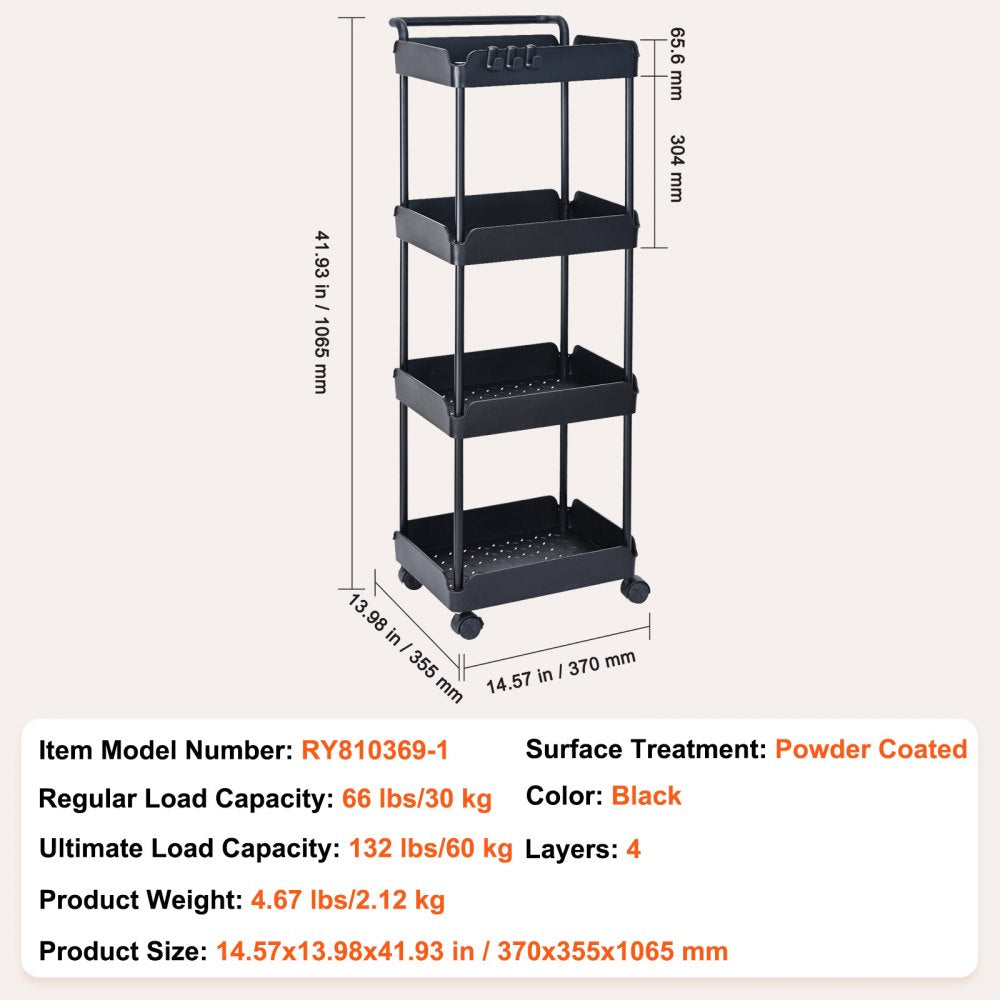 VEVOR 4-Tier Rolling Utility Cart, Kitchen Cart with Lockable Wheels, Multi-Functional Storage Trolley with Handle for Office, Living Room, Kitchen, Movable Storage Basket Organizer Shelves, Black 
