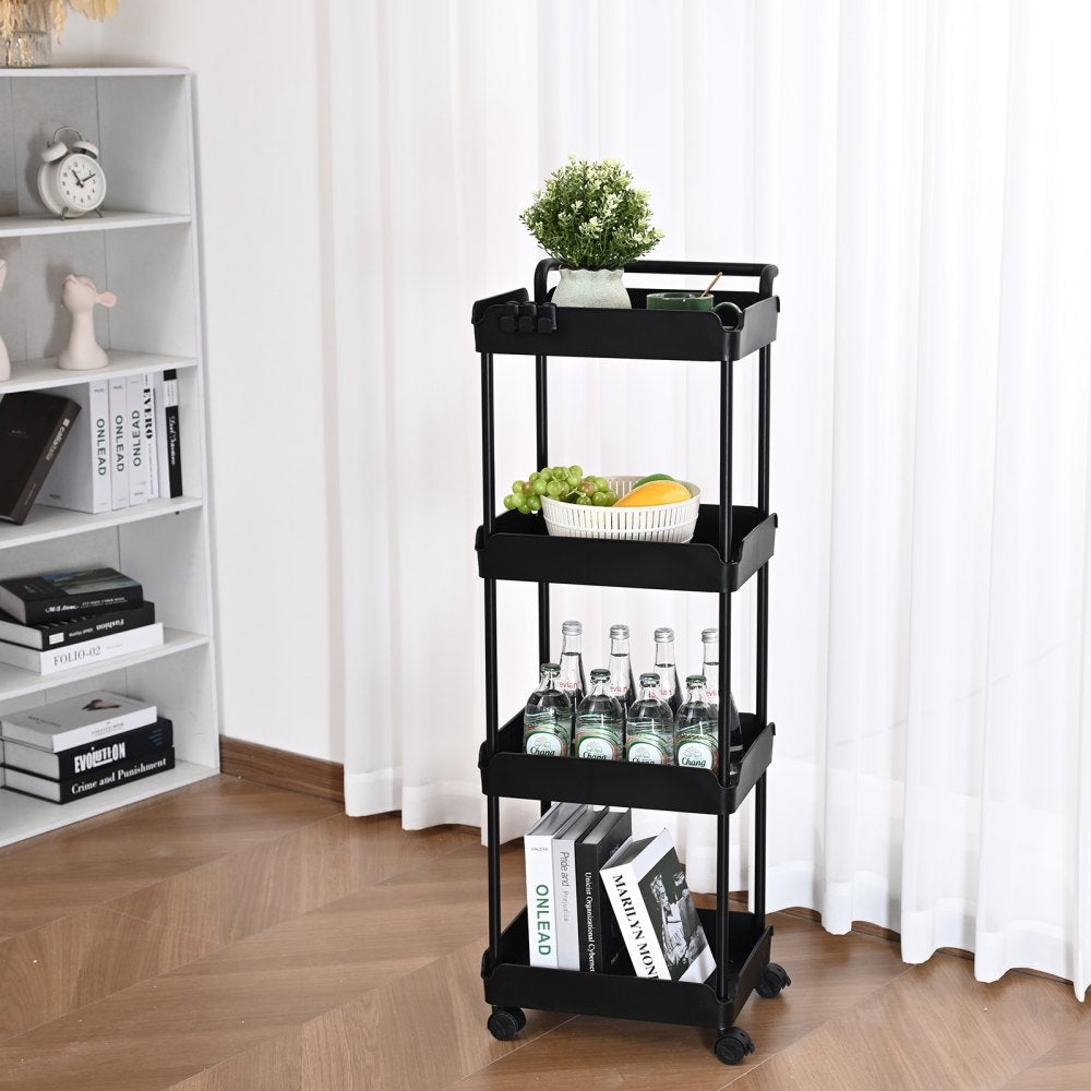 VEVOR 4-Tier Rolling Utility Cart, Kitchen Cart with Lockable Wheels, Multi-Functional Storage Trolley with Handle for Office, Living Room, Kitchen, Movable Storage Basket Organizer Shelves, Black 