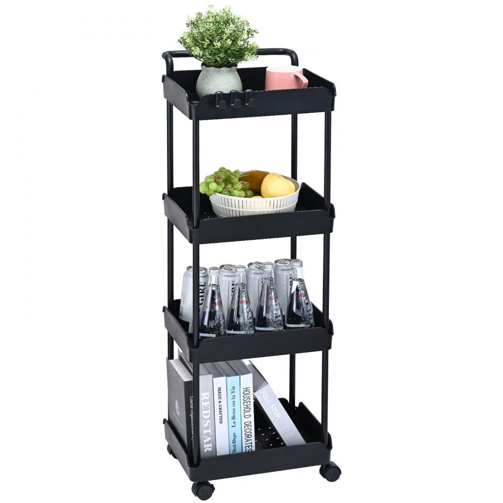 VEVOR 4-Tier Rolling Utility Cart, Kitchen Cart with Lockable Wheels, Multi-Functional Storage Trolley with Handle for Office, Living Room, Kitchen, Movable Storage Basket Organizer Shelves, Black 