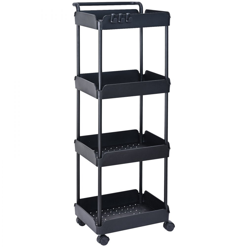 VEVOR 4-Tier Rolling Utility Cart, Kitchen Cart with Lockable Wheels, Multi-Functional Storage Trolley with Handle for Office, Living Room, Kitchen, Movable Storage Basket Organizer Shelves, Black 