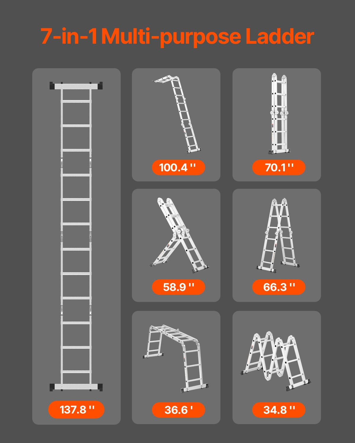 VEVOR Multi-Purpose Folding Ladder 7-in-1 3 Step 12ft Reach Height for Work 