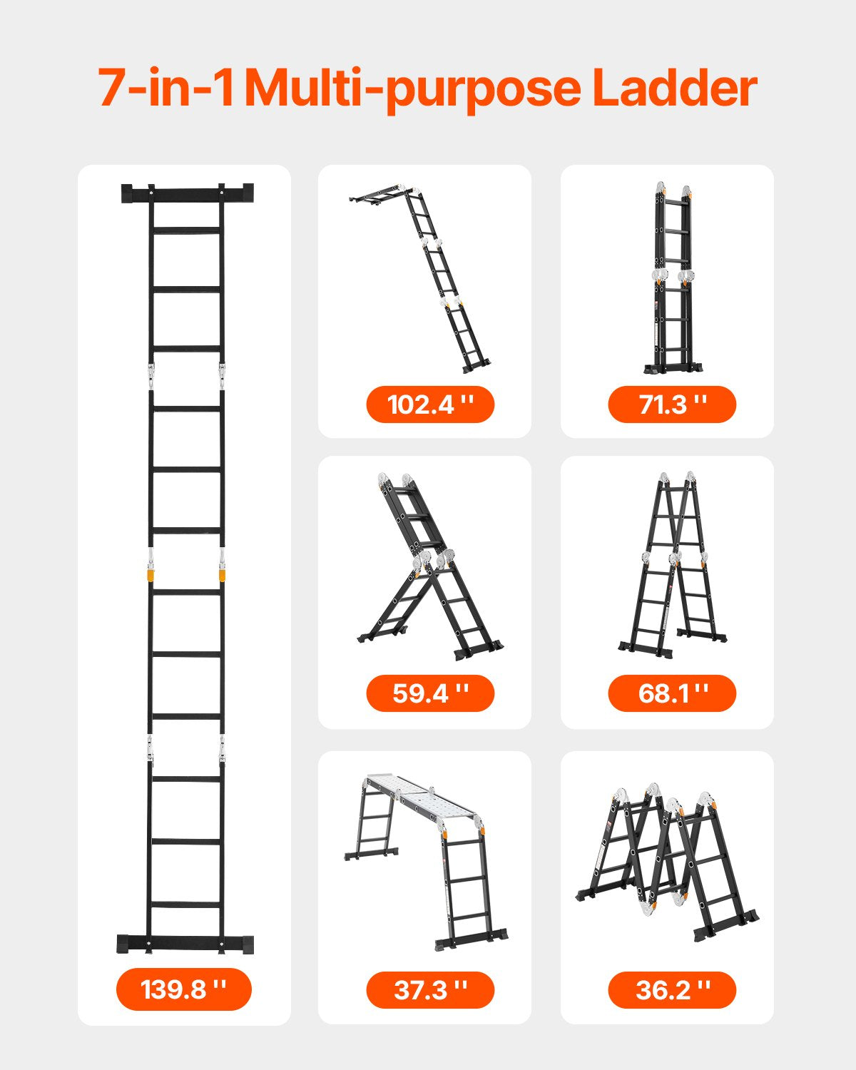 VEVOR Multi-Purpose Folding Ladder 7-in-1 3 Step 12ft with Scaffolding Plank 