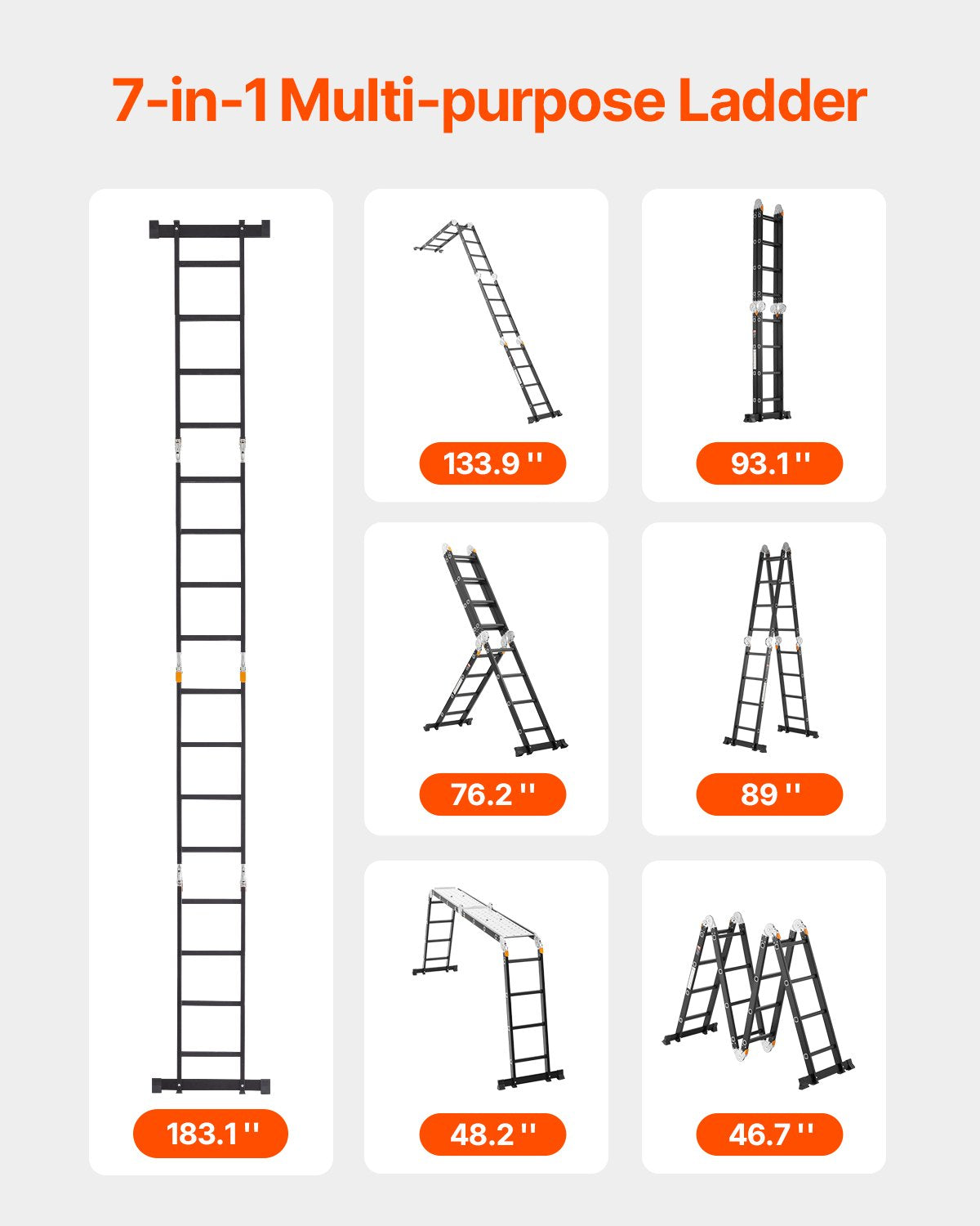 VEVOR Multi-Purpose Folding Ladder 7-in-1 4 Step 15.5ft with Scaffolding Plank 