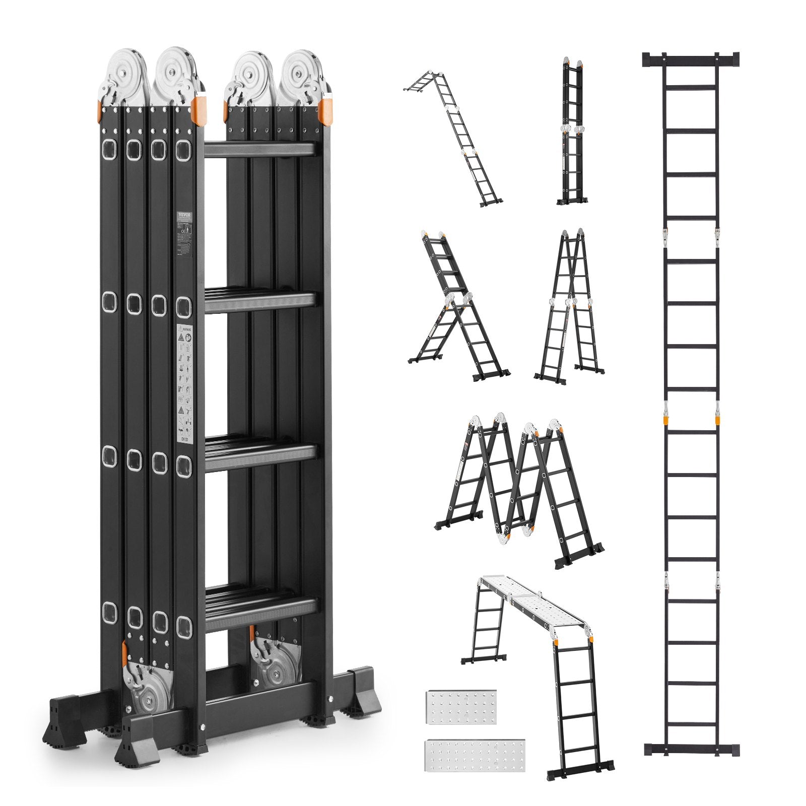 VEVOR Multi-Purpose Folding Ladder 7-in-1 4 Step 15.5ft with Scaffolding Plank 