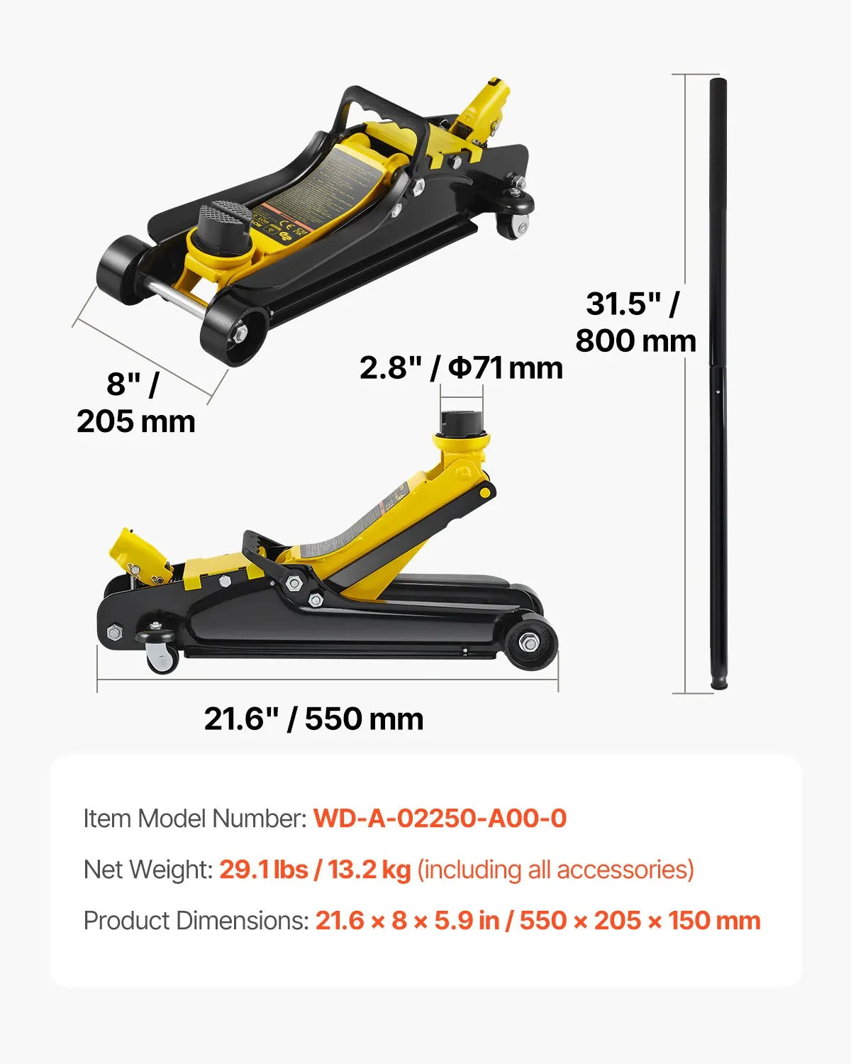 VEVOR Floor Jack, 2.5 Ton Low Profile Floor Jack, Heavy-duty Steel Racing Floor Jack With Single Piston Lift Pump, Floor Jack Lifting Range 3.35"-14.96"