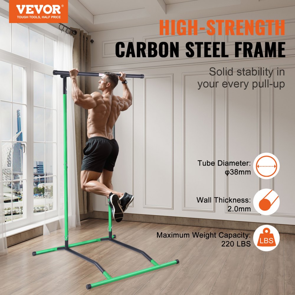VEVOR Power Tower Dip Station, 2-Level Height Adjustable Pull Up Bar Stand, Multi-Function Strength Training Workout Equipment, Home Gym Fitness Dip Bar Station, 220LBS Weight Capacity, Black & Green 