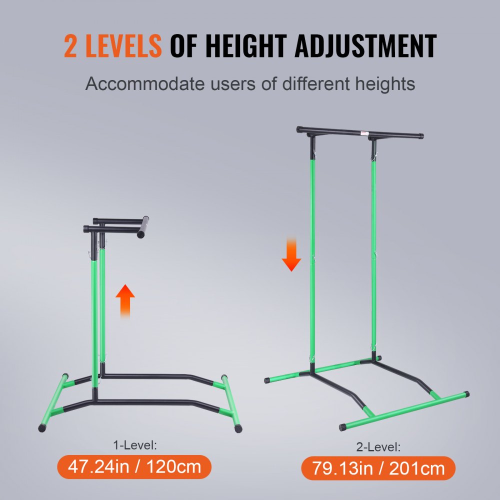 VEVOR Power Tower Dip Station, 2-Level Height Adjustable Pull Up Bar Stand, Multi-Function Strength Training Workout Equipment, Home Gym Fitness Dip Bar Station, 220LBS Weight Capacity, Black & Green 