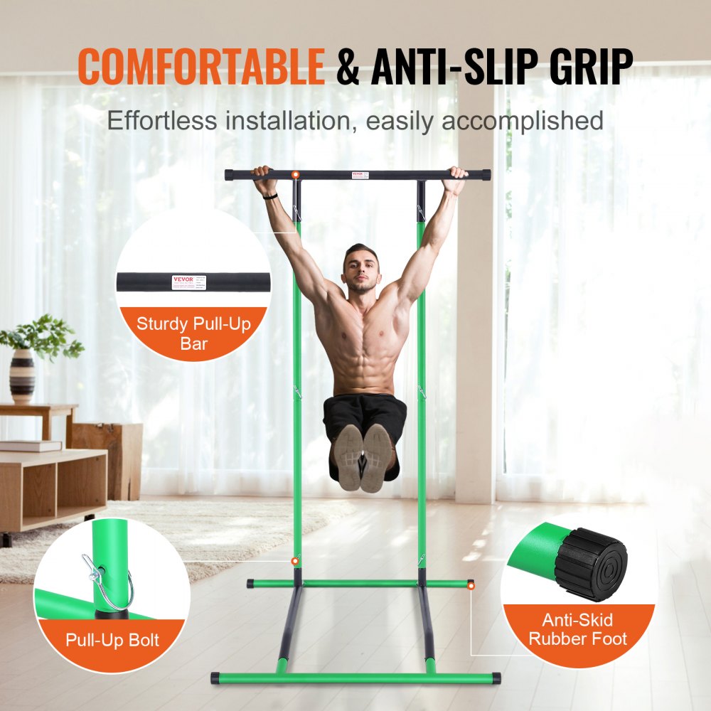 VEVOR Power Tower Dip Station, 2-Level Height Adjustable Pull Up Bar Stand, Multi-Function Strength Training Workout Equipment, Home Gym Fitness Dip Bar Station, 220LBS Weight Capacity, Black & Green 