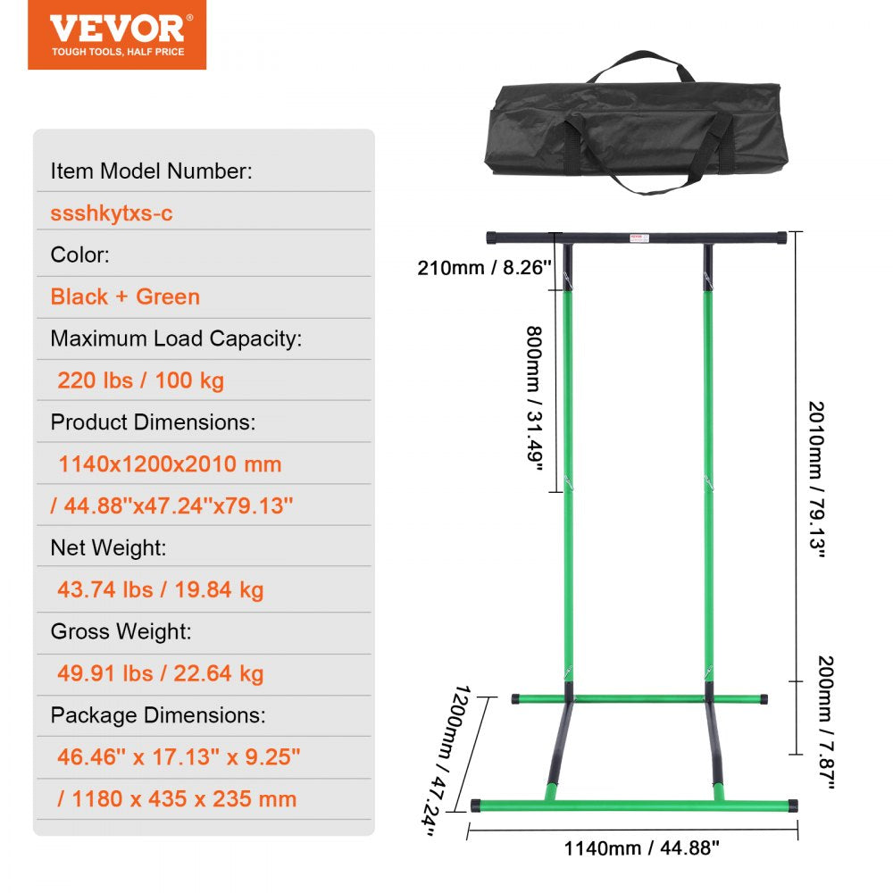 VEVOR Power Tower Dip Station, 2-Level Height Adjustable Pull Up Bar Stand, Multi-Function Strength Training Workout Equipment, Home Gym Fitness Dip Bar Station, 220LBS Weight Capacity, Black & Green 